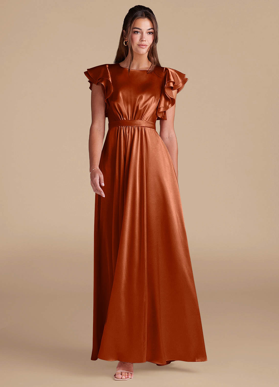 Azazie Daphne At-home Try On Dresses A-Line Ruched Metallic Satin Floor-Length Dress image2