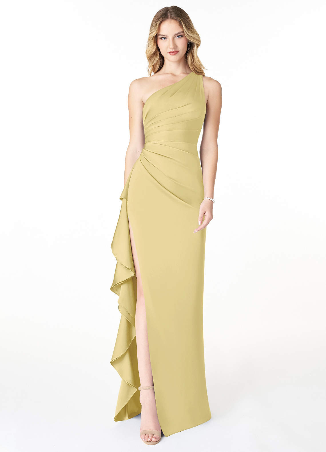 Azazie Latrice Bridesmaid Dresses Lemon Sorbet Sheath One Shoulder Cascading Ruffles Stretch Satin Dress image1