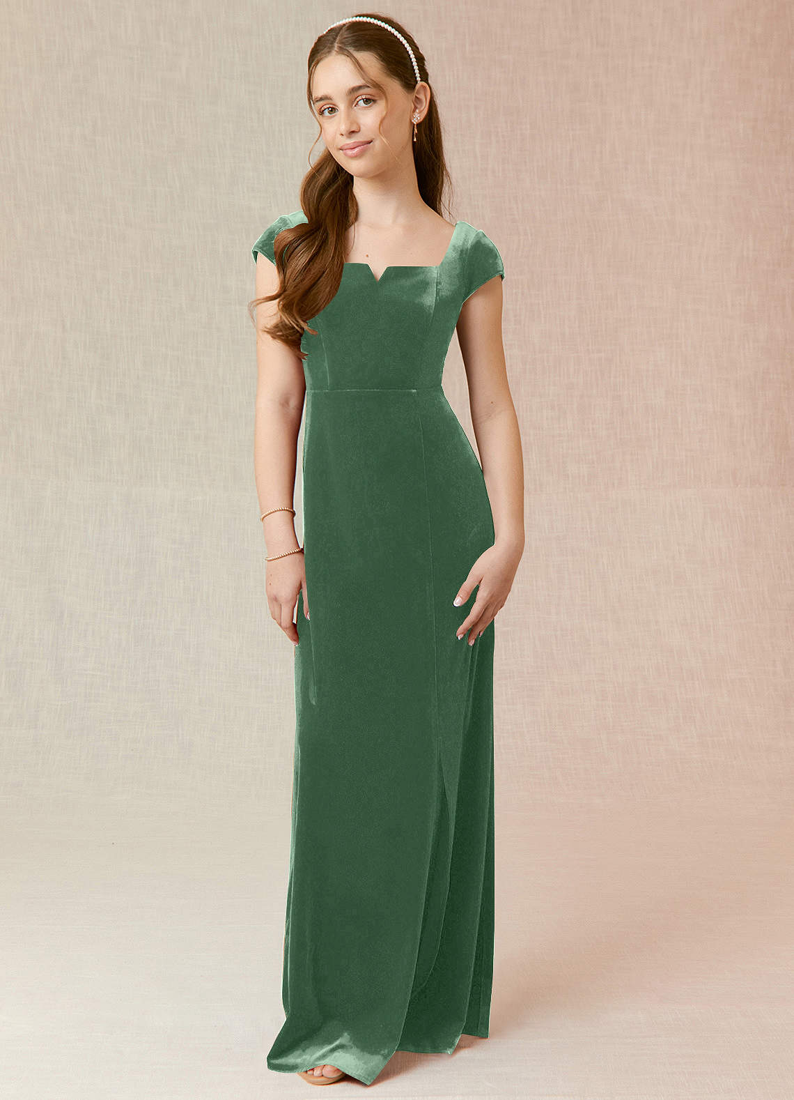 Azazie Gabi Junior Eucalyptus A-Line Velvet Dress image1