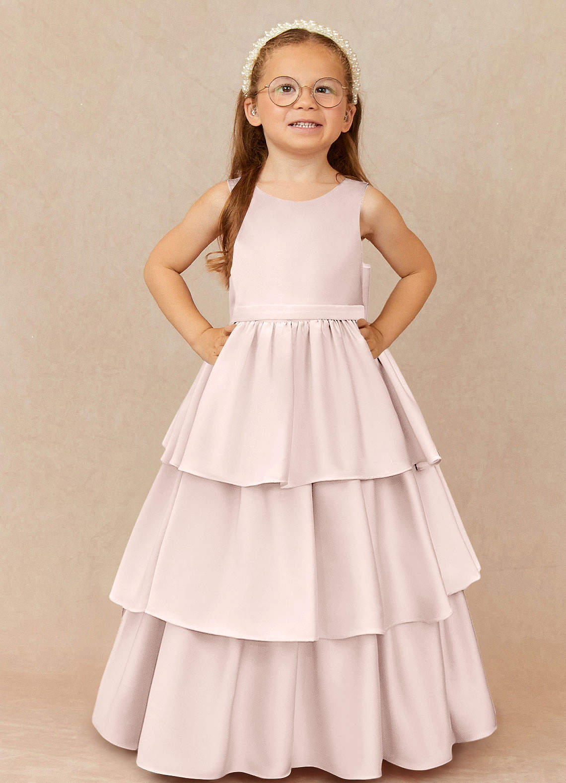 Azazie Margie vestidos de niña de las flores Vestido de Rosa Rubor de Satén Elástico de Corte en A con Lazo image1