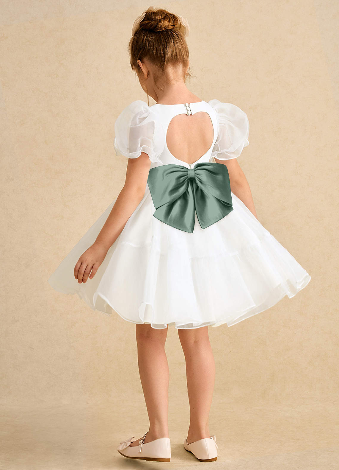 Azazie Debbie Abiti da Ragazza di Fiori Abito Principessa in Organza Scollo a Cuore Avorio Eucalipto image8