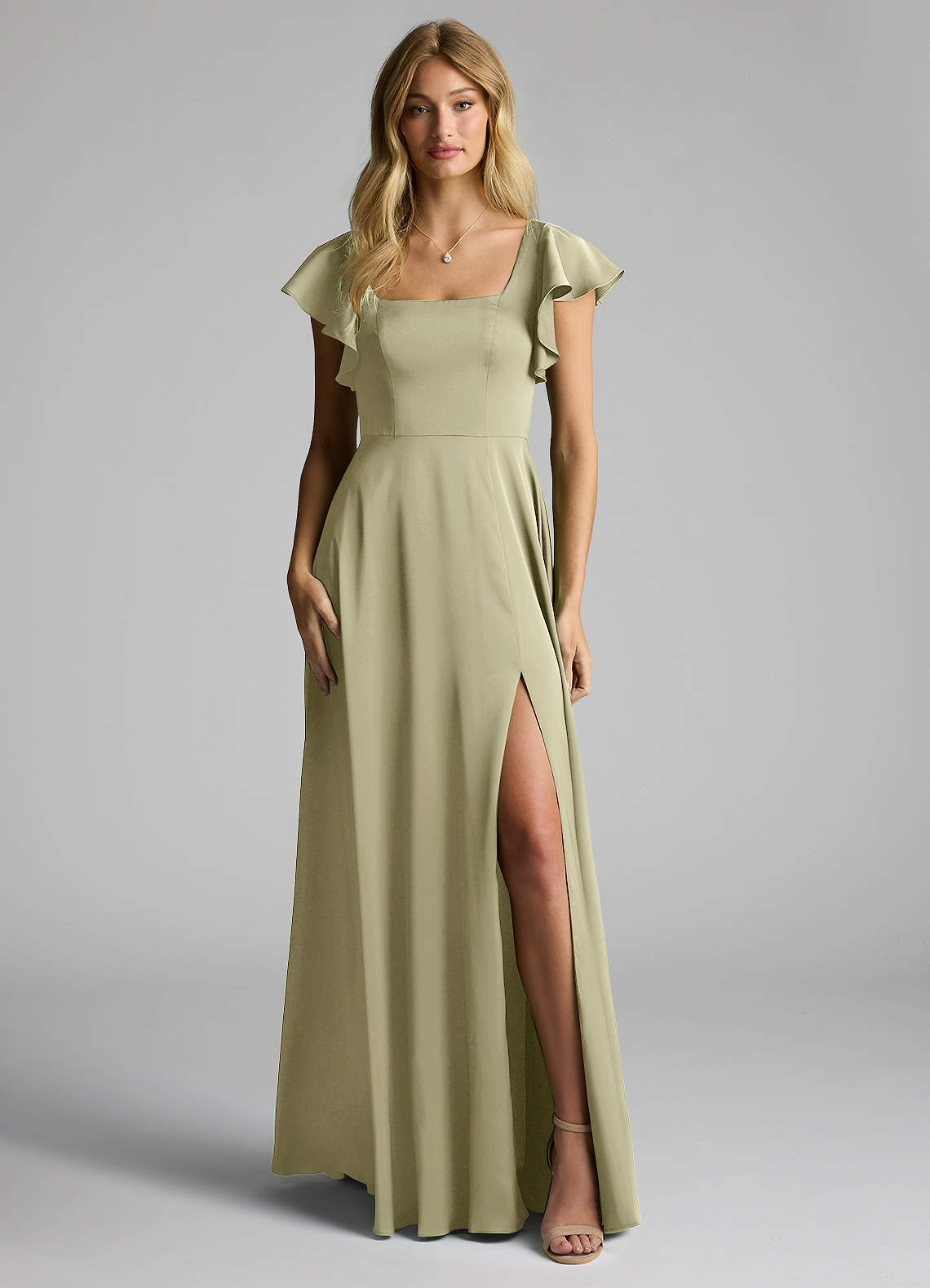 Azazie Bondi Vestidos de madrinha de casamento Vestido Pistache de Cetim elástico de Linha A com Arco image4