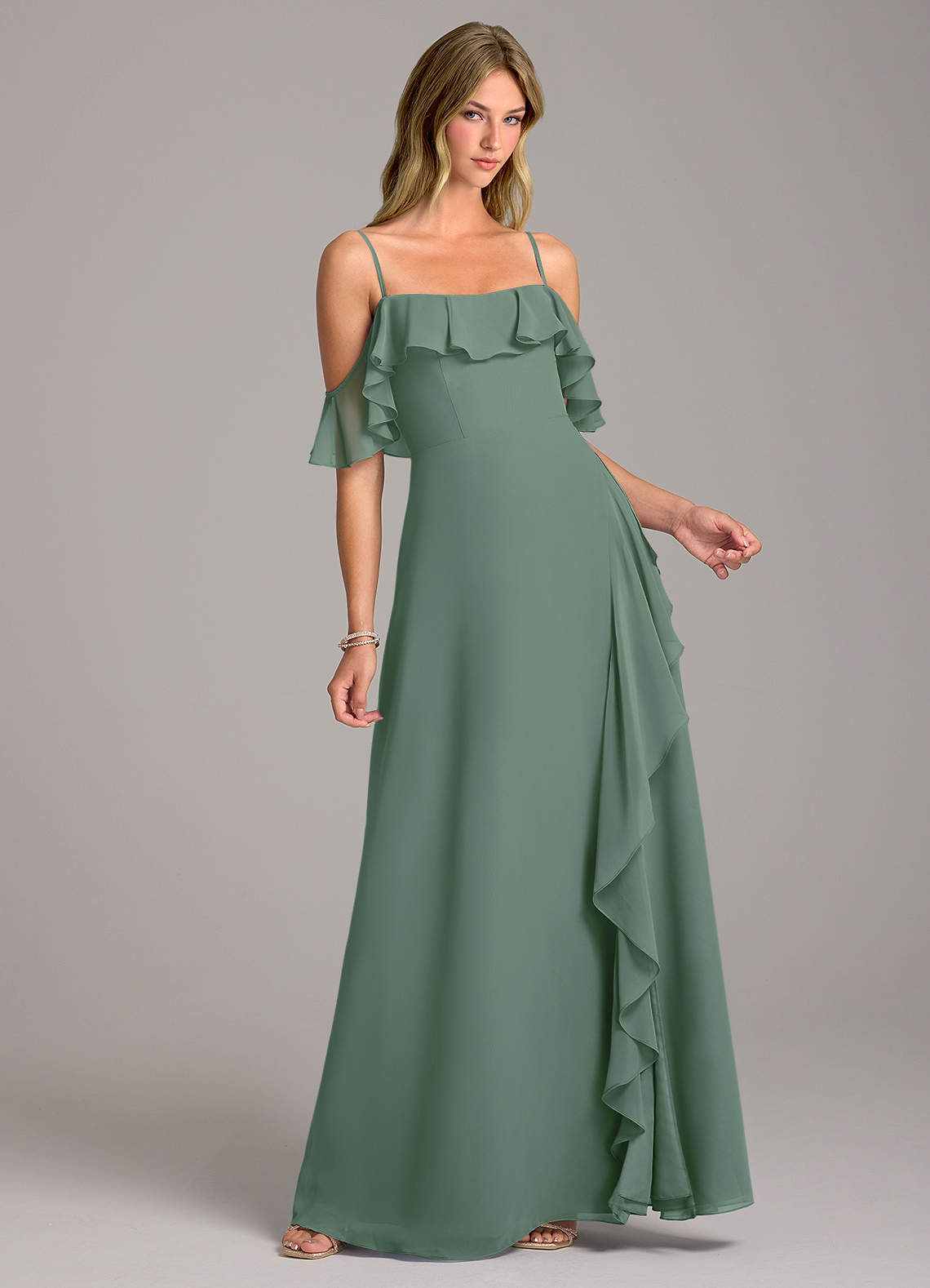 Azazie Aubrie Probar vestidos en casa Vestido de Eucalipto de Gasa de Corte en A con Vestidos sin tirantes image1