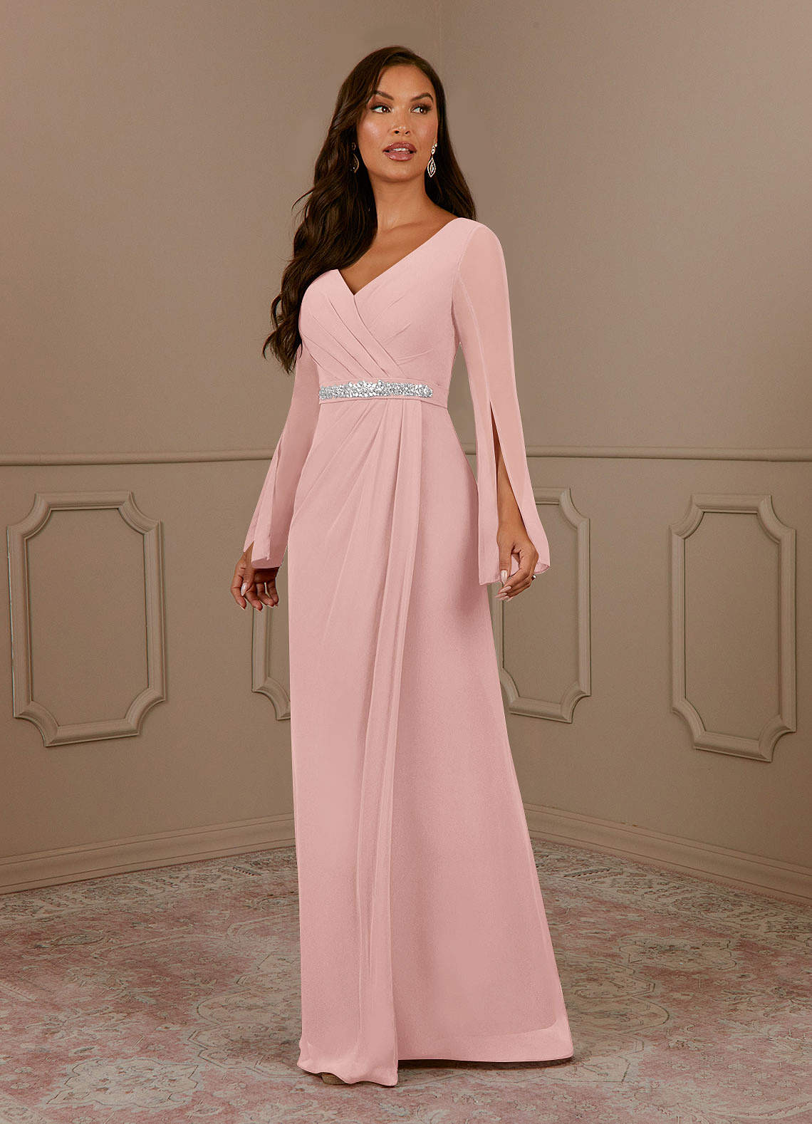 Azazie Belinda Mère de la mariée Robes Robe Trapèze en Mousseline de soie Col V plissé Rose Poudré image1