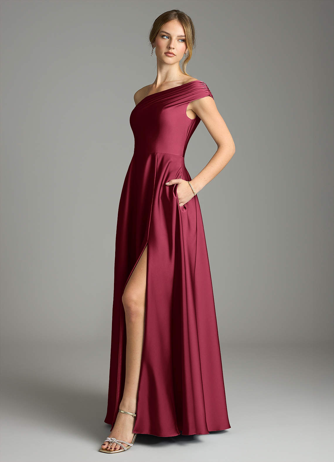 Azazie Melanie Bridesmaid Dresses Burgundy A-Line Off the Shoulder Stretch Satin Dress image3