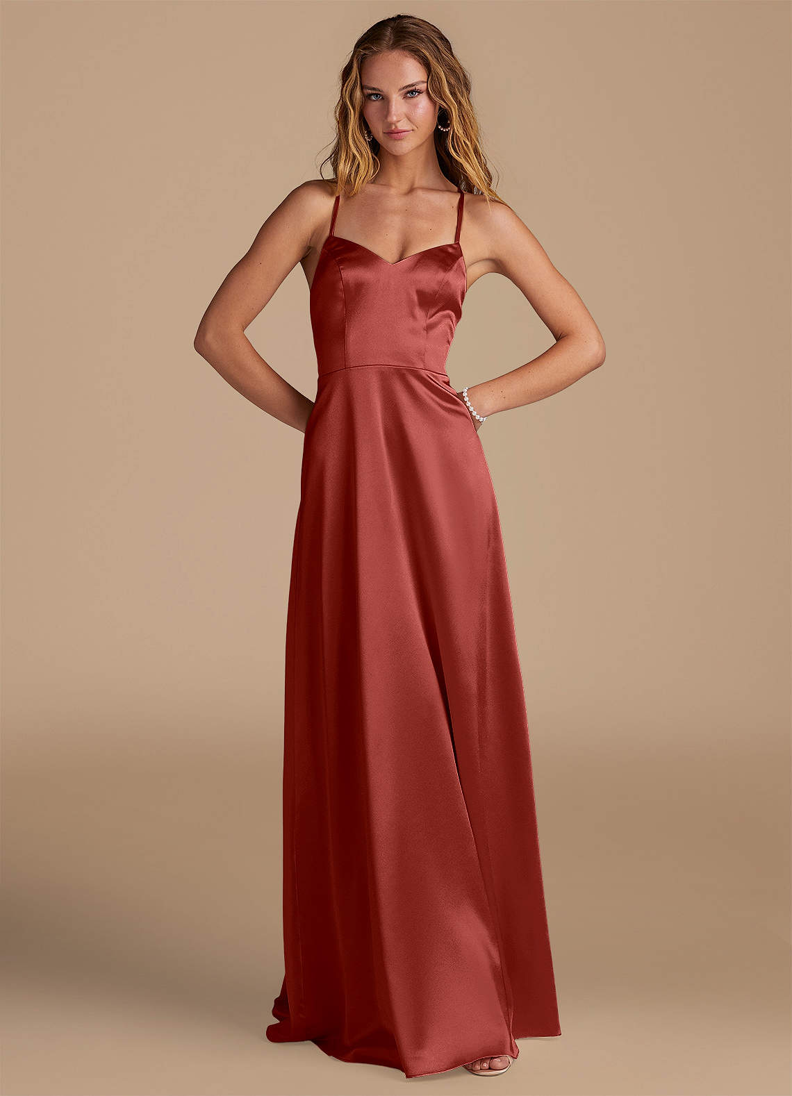 Azazie Mei Brautjungfernkleider A-Linie Metallischer Satin Kleid Terrakotta image1