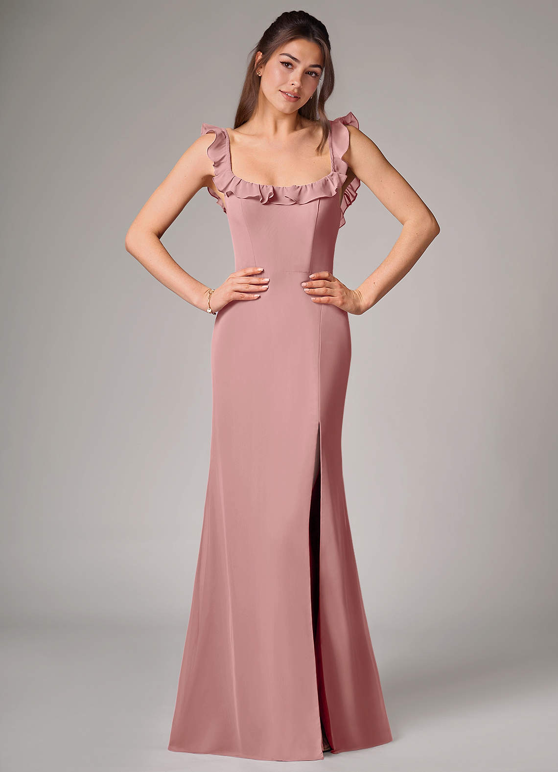 Azazie Callie Brautjungfernkleider Wandelbar Meerjungfrau-Linie Seitliche Cut-Outs Chiffon Kleid Altrosa image1