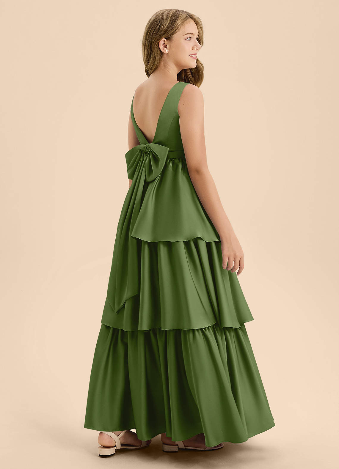 Azazie Meadowyn Junior Juniper A-Line Bow Stretch Satin Dress image1