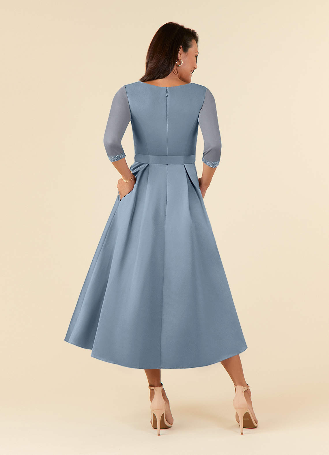 Azazie Maritza Abiti per la Madre della Sposa Abito A-Line in Raso Opaco Plissettato Blu Polveroso image2