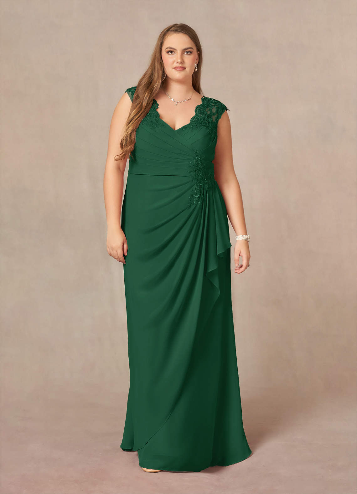 Azazie Gladys Dark Green A-Line Queen Anne Lace Chiffon Dress | Azazie
