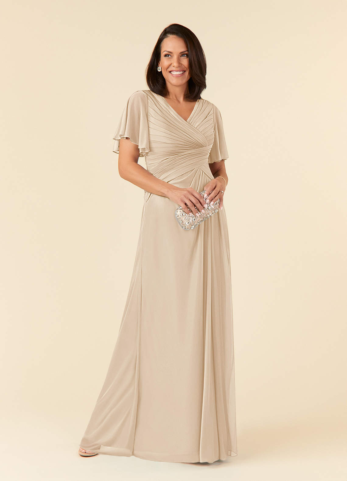 Azazie Emmeline Mother of the Bride Dresses Champagne A-Line V-Neck Pleated Mesh Dress image1