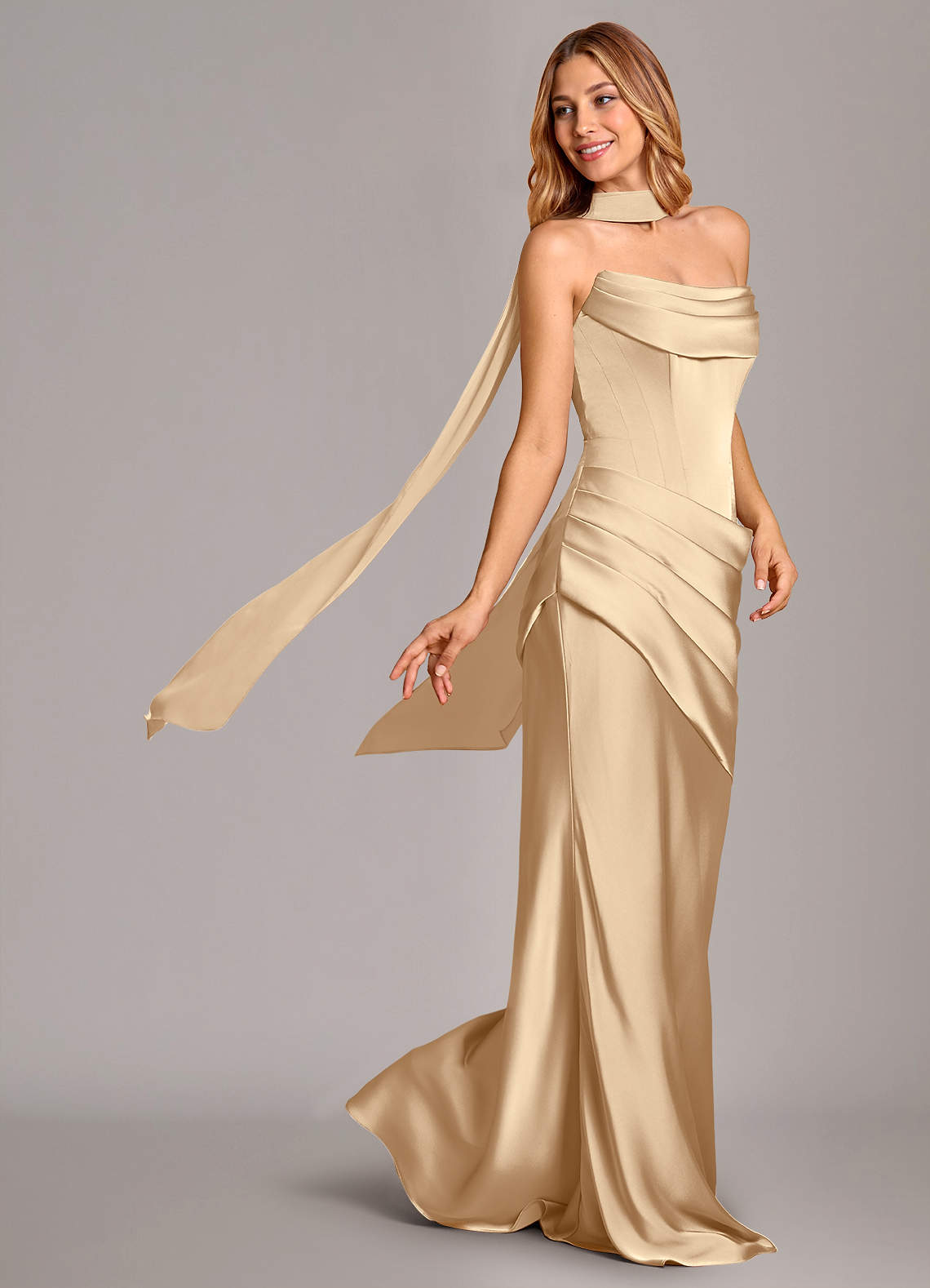 Azazie Pelagia Brudtärnklänningar Klä av Sjöjungfru i Stretch Satin Korsett Champagne Konvertibel image1