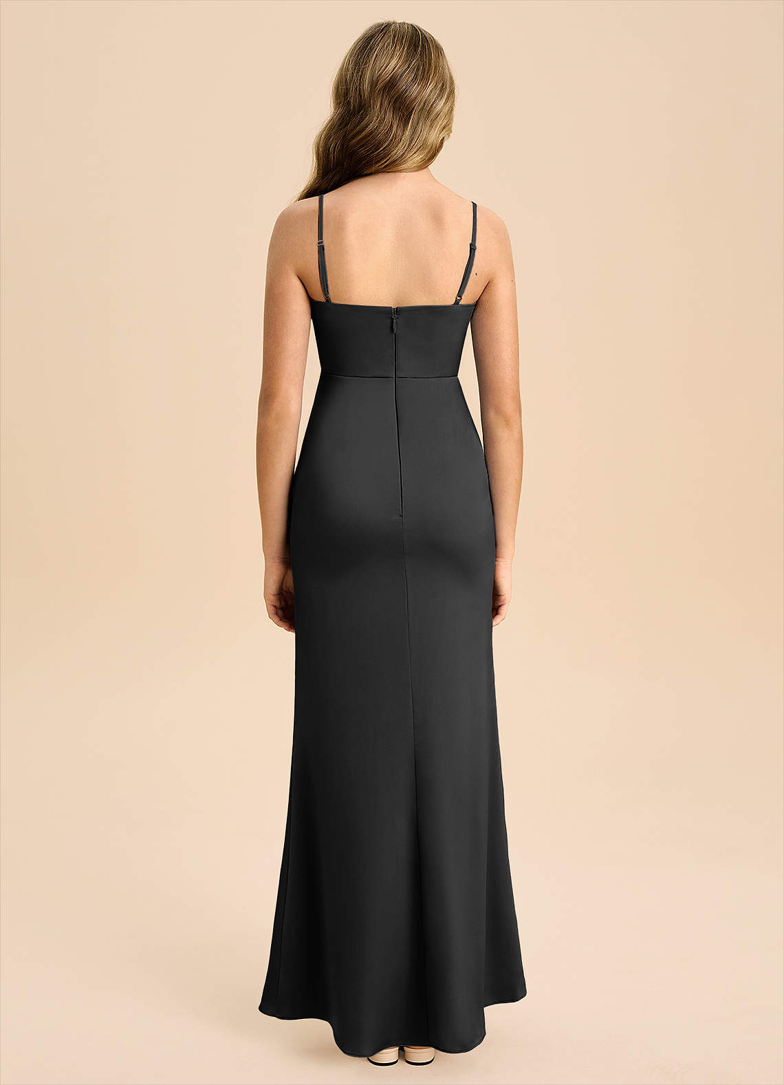 Azazie Buzzy Junior Black Sheath Pleated Stretch Satin Dress image1