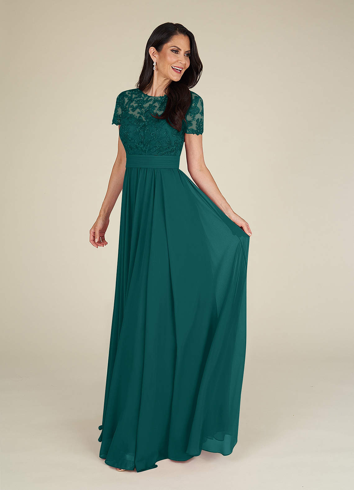 Peacock Azazie Annette A Line Lace Chiffon Floor Length Dress Azazie