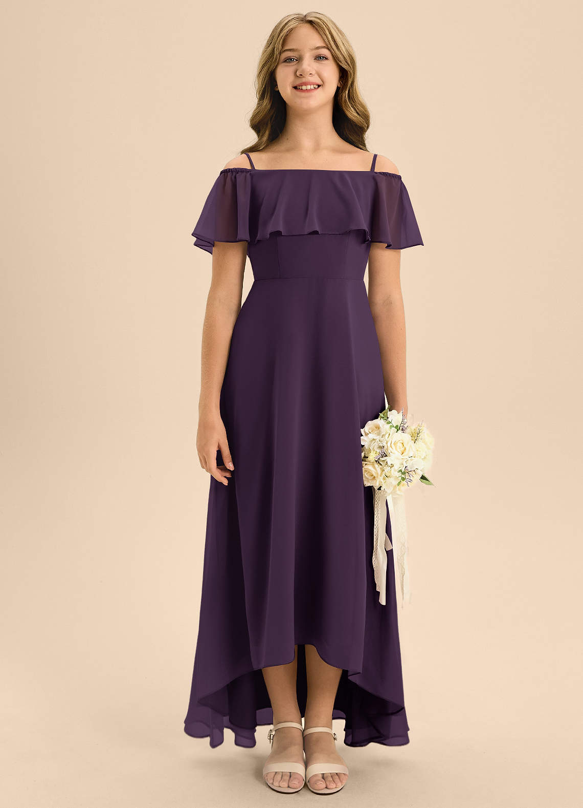 Azazie Maggie Junior A-Linie Schulterfrei Chiffon Kleid Pflaume image1
