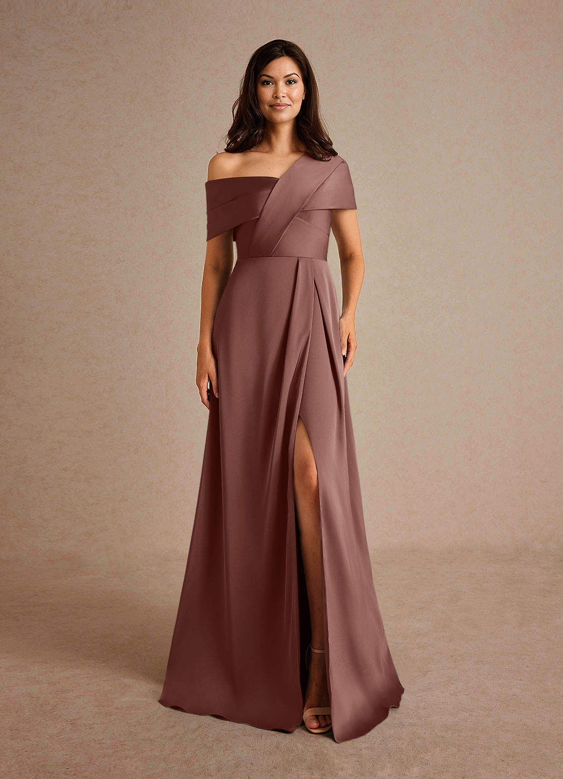 Azazie Milton Mother of the Bride Dresses Espresso A-Line Pleated Stretch Satin Dress image6