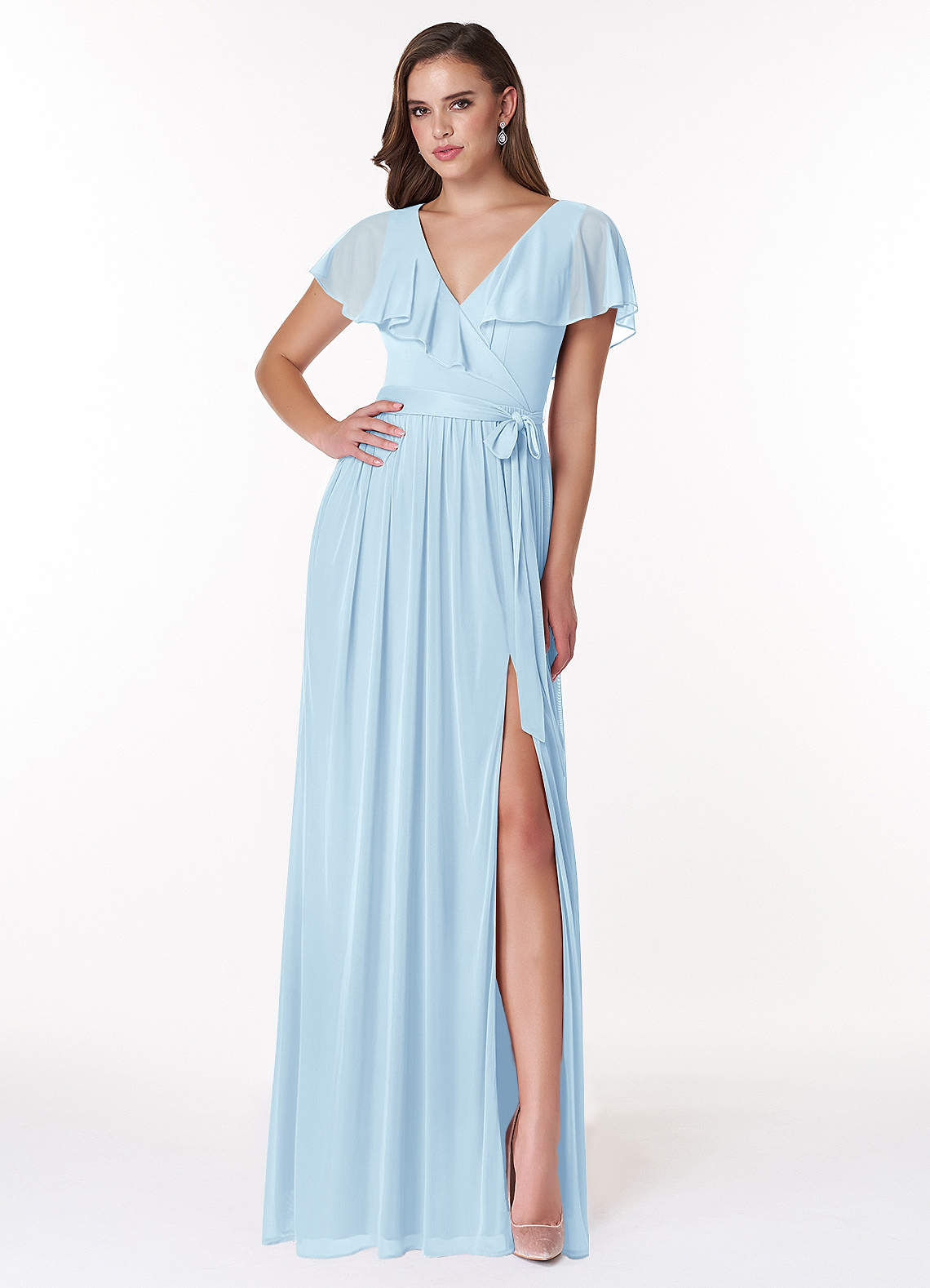 Azazie Jael Bridesmaid Dresses Sky Blue A-Line V-Neck Mesh Dress image1