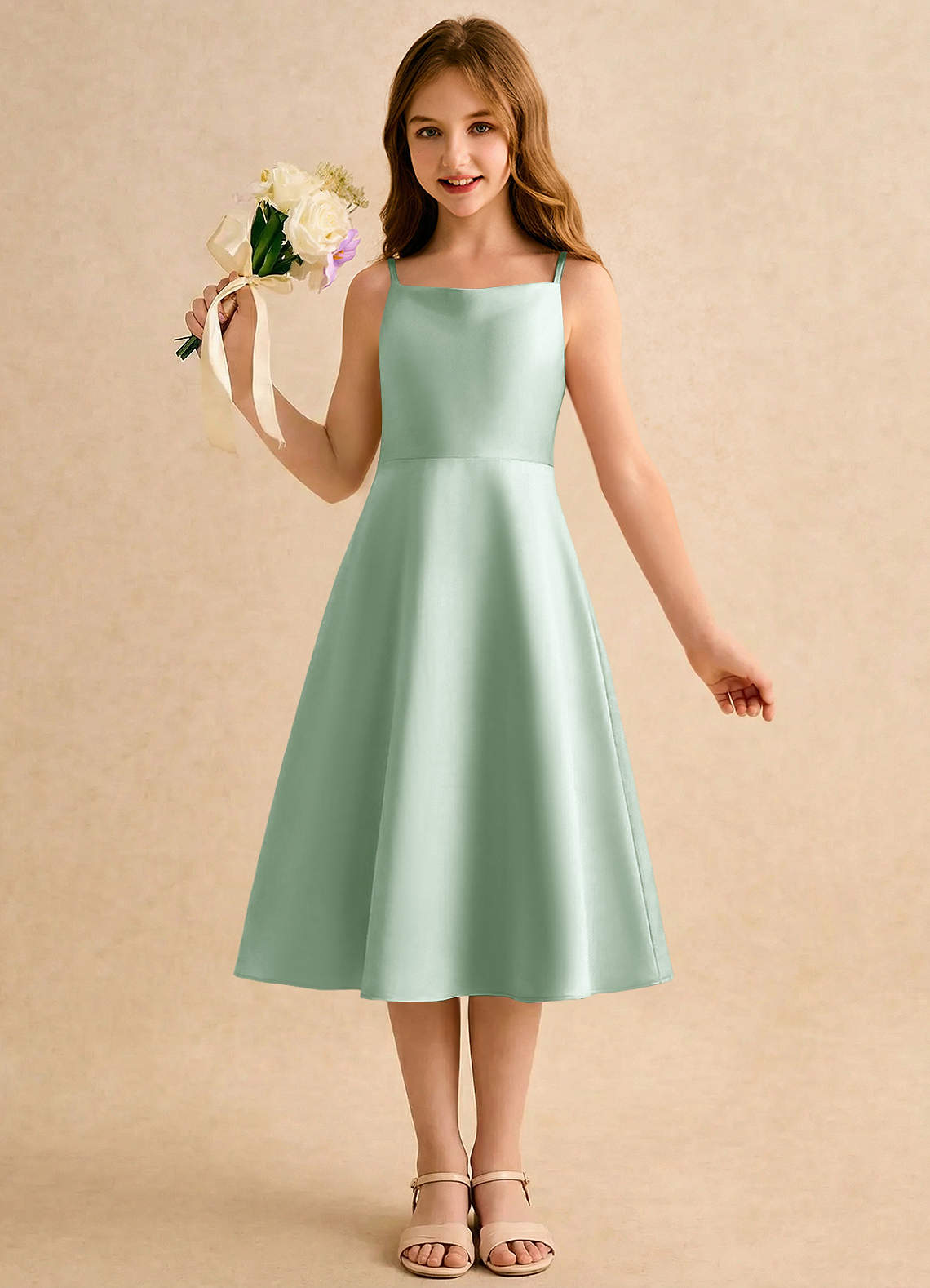 Azazie Jaella Girls Formal Blomsterpigekjoler A-Line Plisseret Mat satin Te-længde Kjole image3