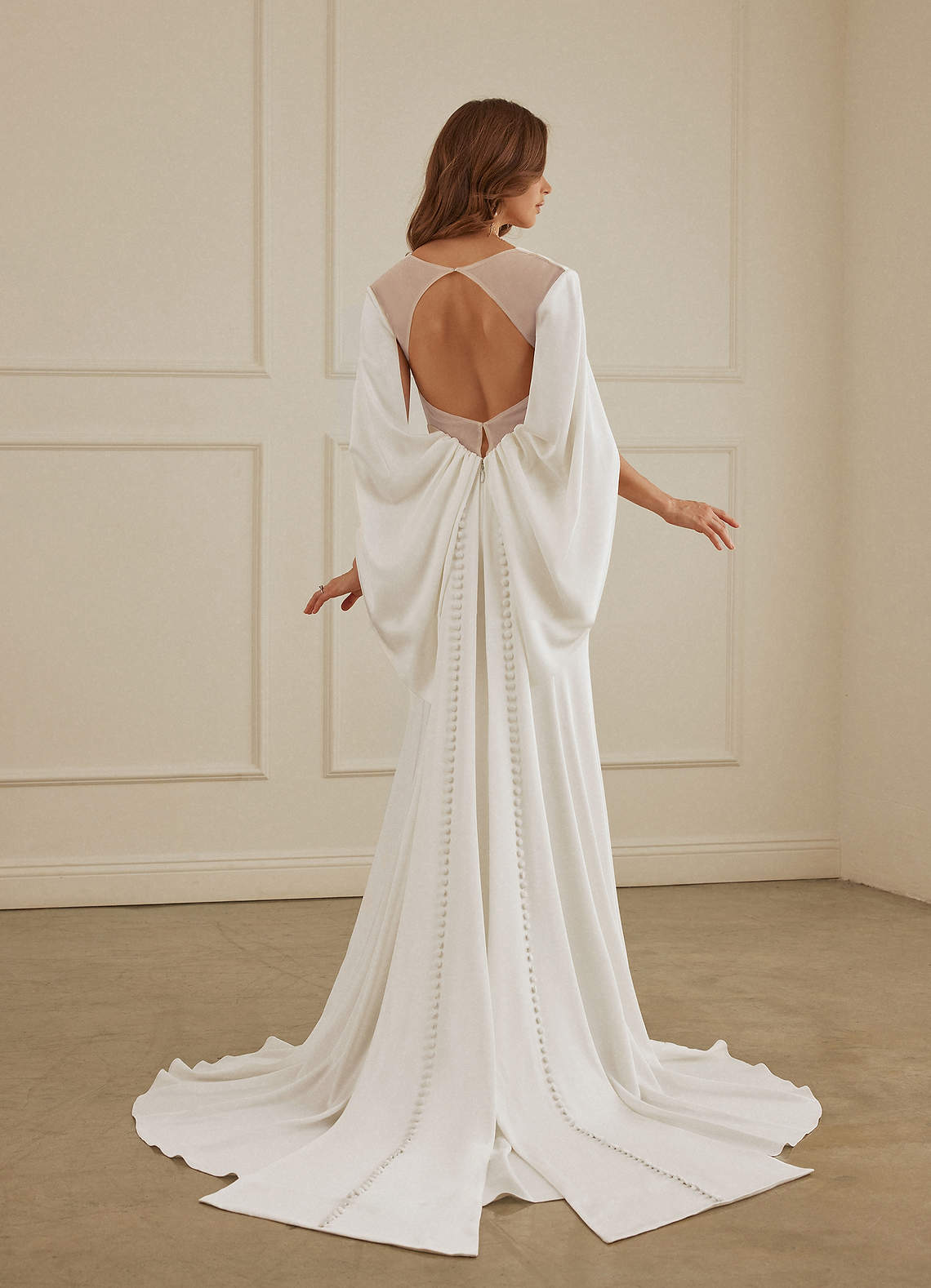 Christian Siriano Bridal for Azazie 2001 Wedding Dresses Plunging Cape Sleeve Crepe Back Satin Mermaid Gown image9