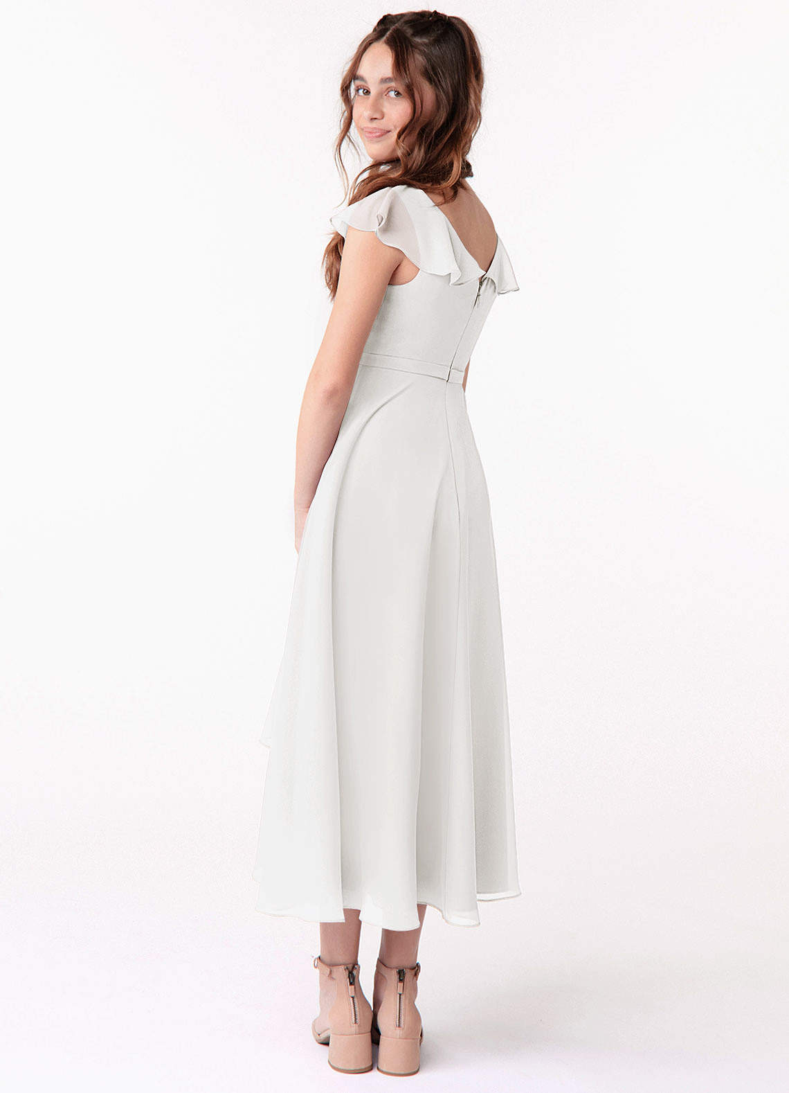 white chiffon junior bridesmaid dresses Azazie Posie Junior