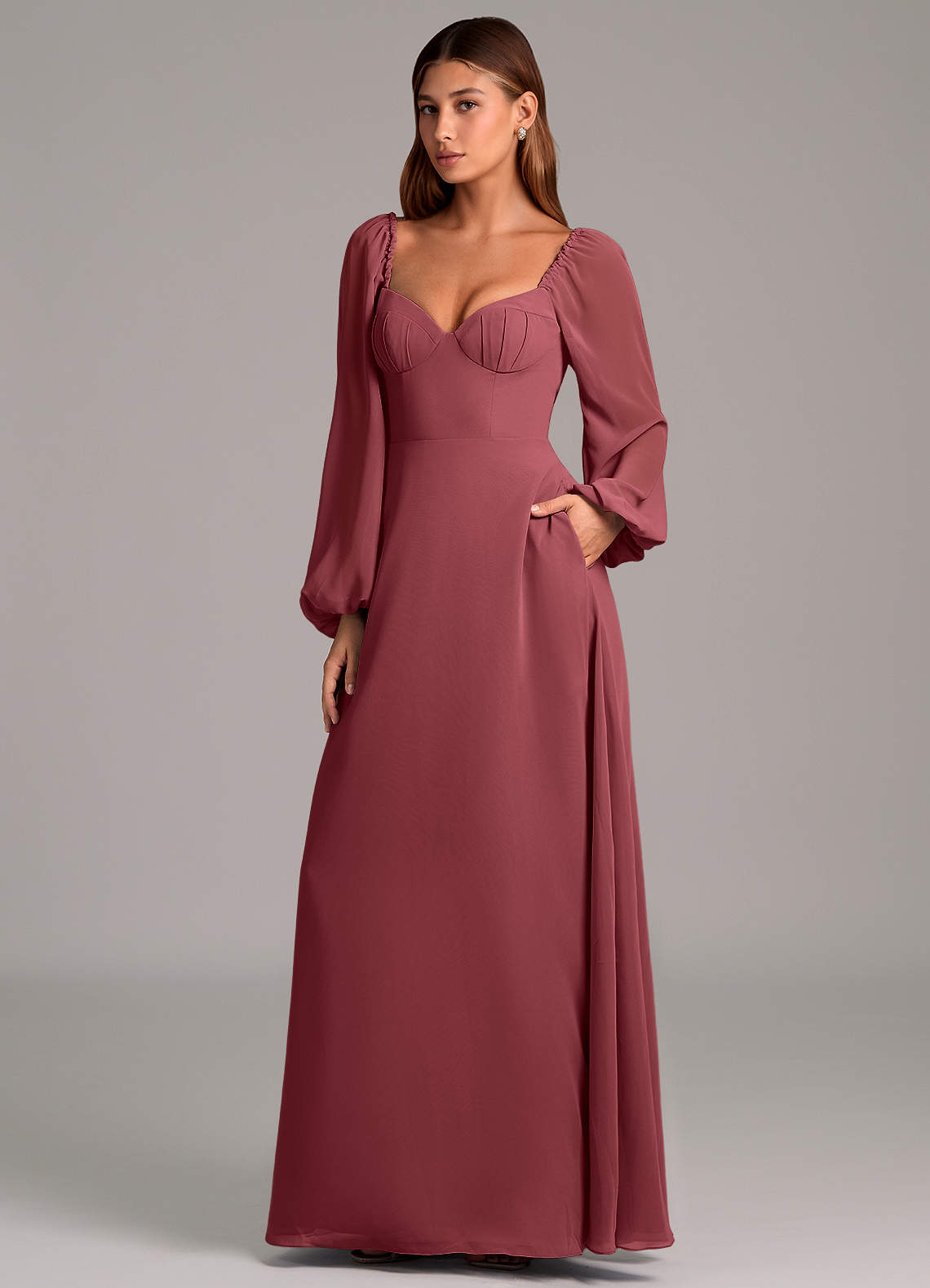 Azazie Annistyn Bridesmaid Dresses Merlot A-Line Long Sleeve Chiffon Dress image1