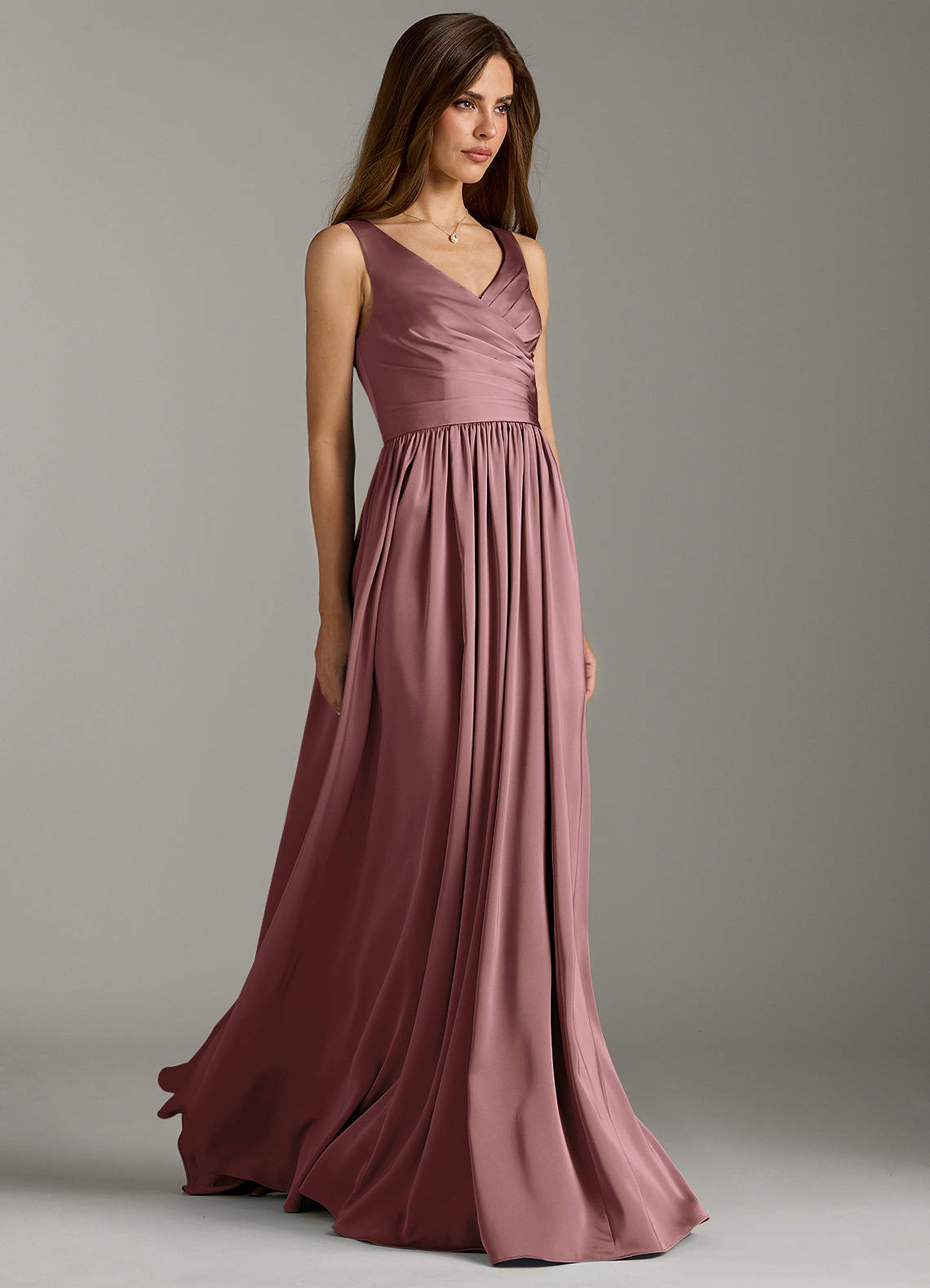 Azazie Keyla Bridesmaid Dresses Vintage Mauve A-Line Pleated Stretch Satin Dress image1