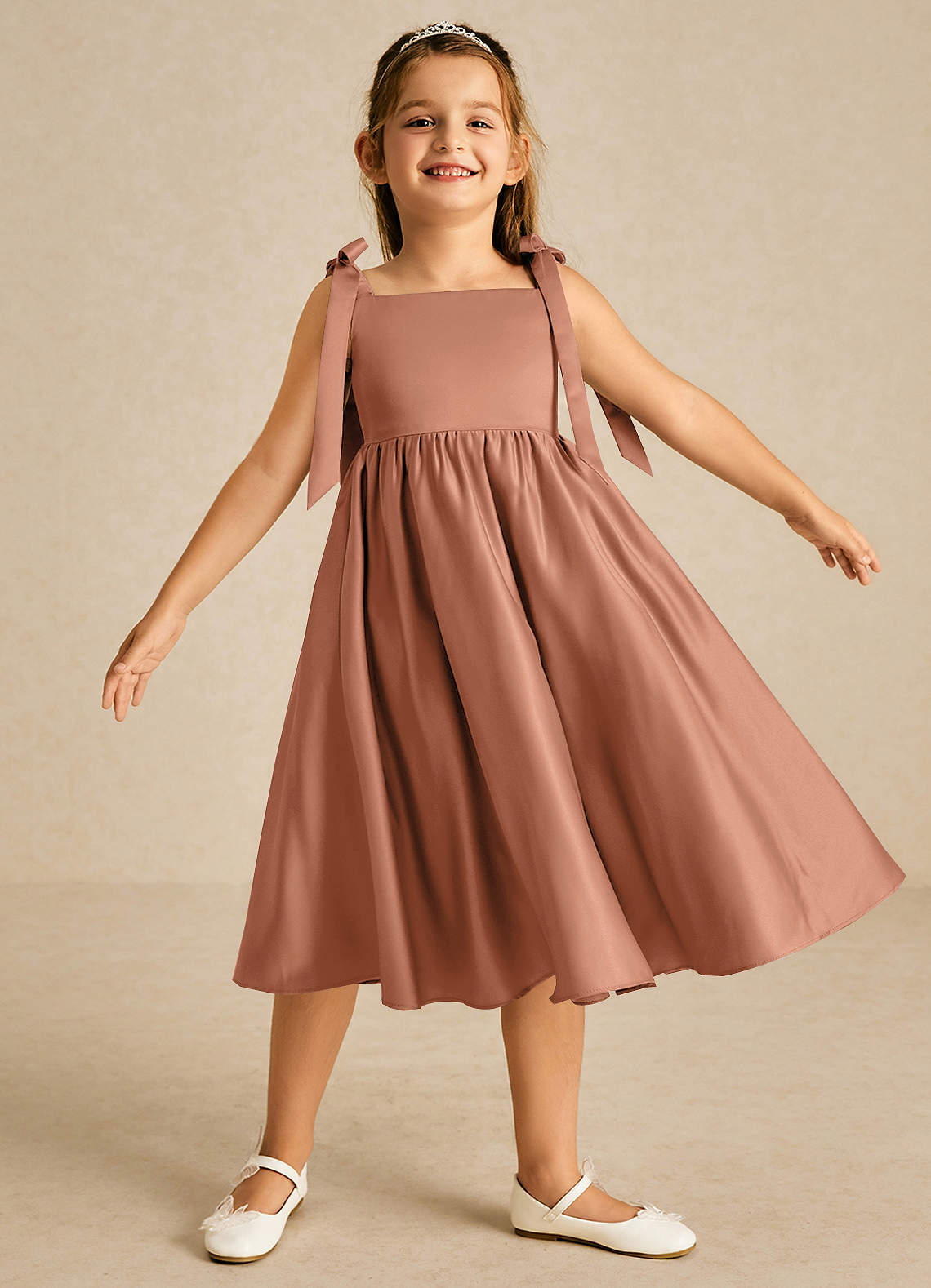 Azazie Chelsie Flower Girl Dresses Bronzer A-Line Bow Matte Satin Dress image1