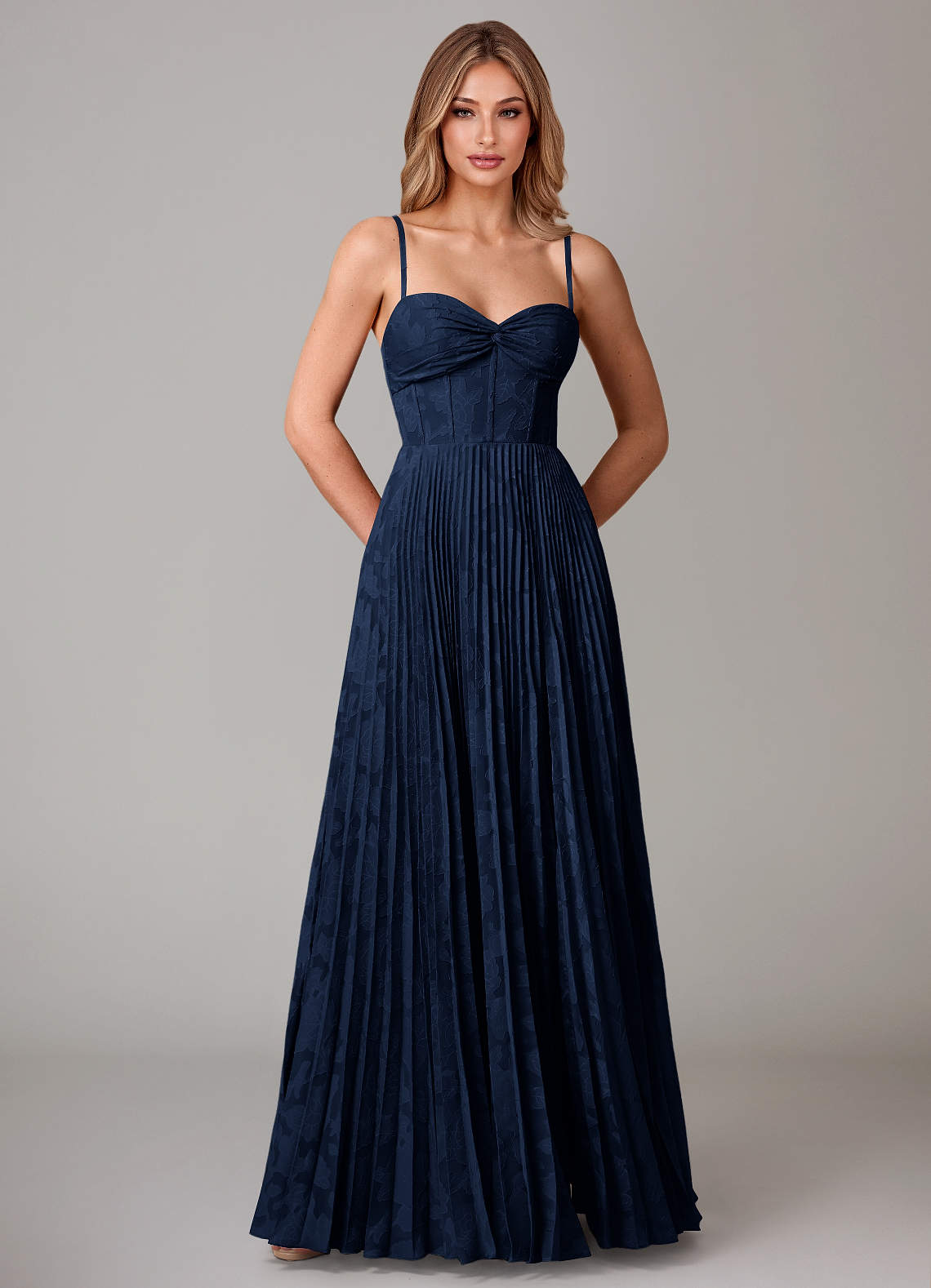 Azazie Akiko At-home Try On Dresses Dark Navy A-Line Sweetheart Neckline Floral Burnout Dress image4