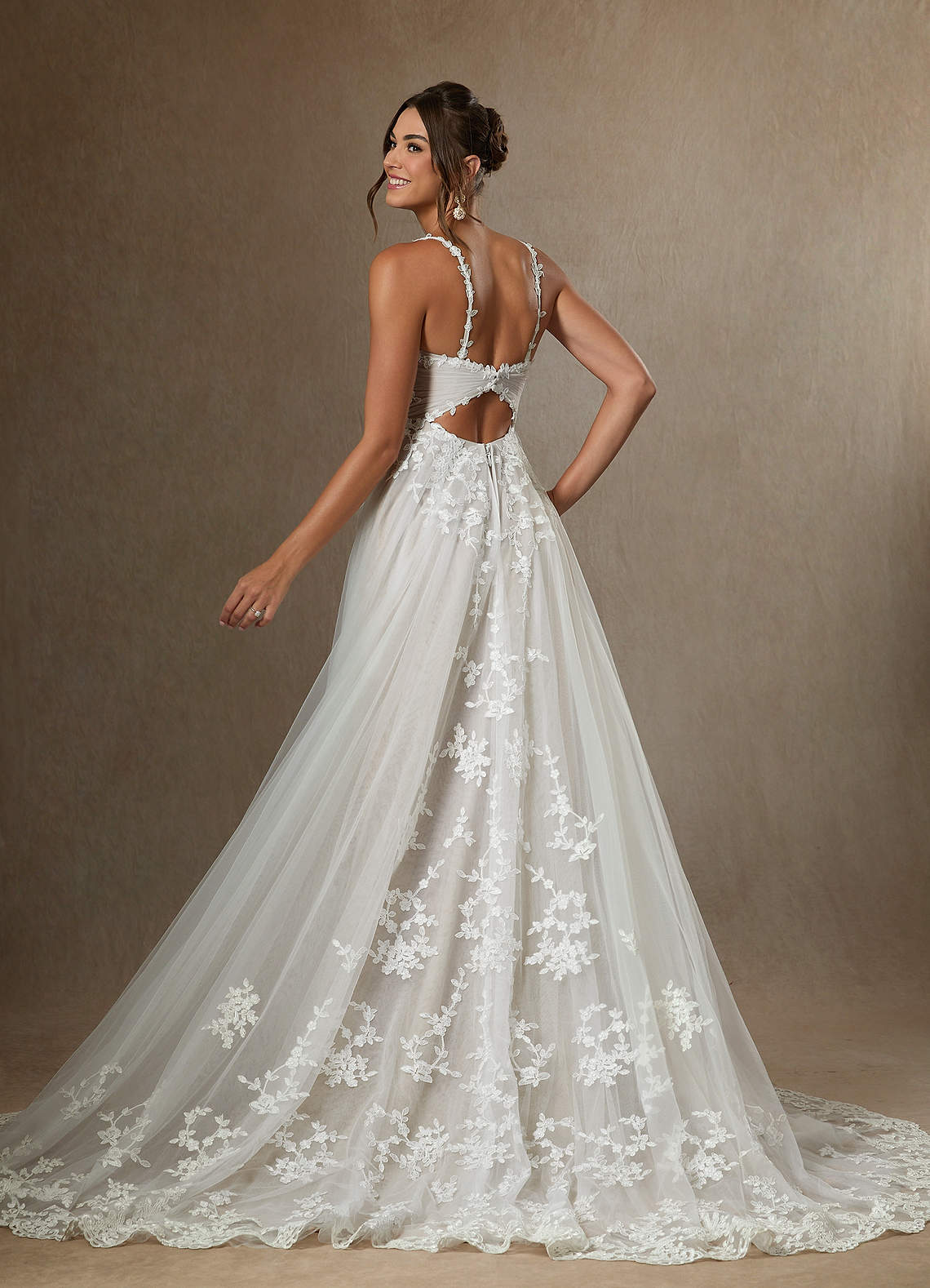 Azazie Devi At-home Try On Dresses Diamond White A-Line V-Neck Lace Tulle Dress image2