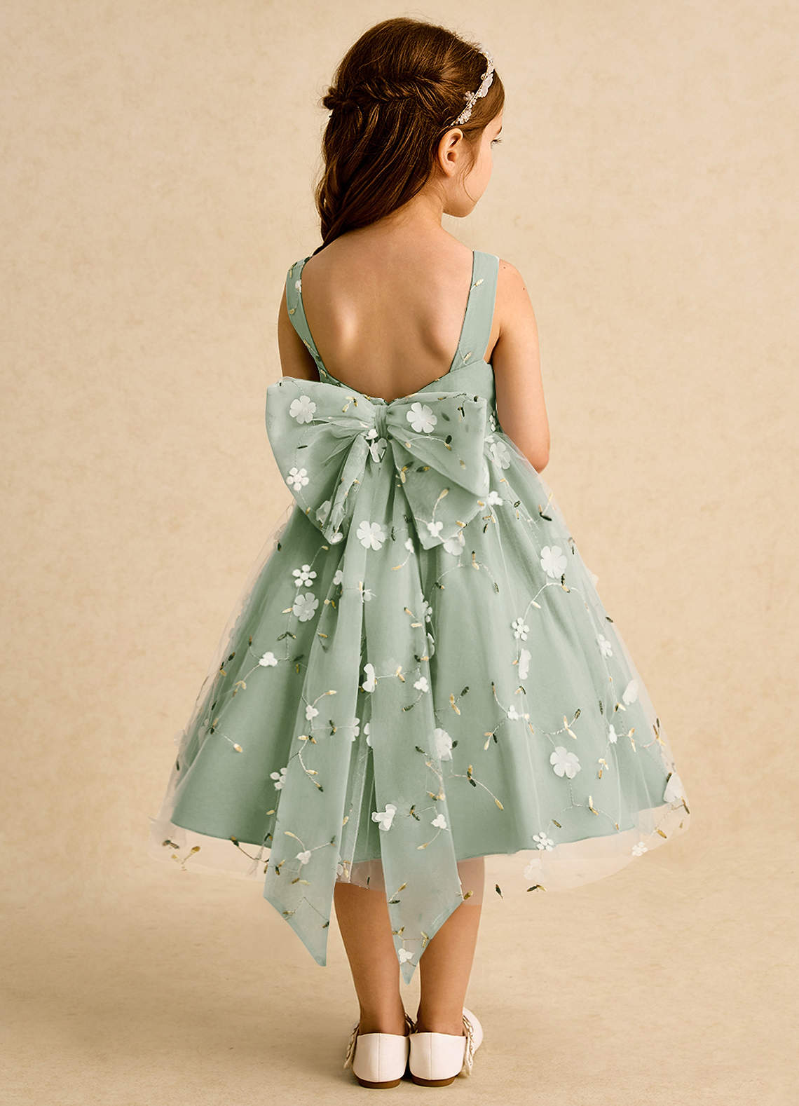 Azazie Bean Flower Girl Dresses Dusty Sage Ball-Gown Sleeveless Tulle Dress image1