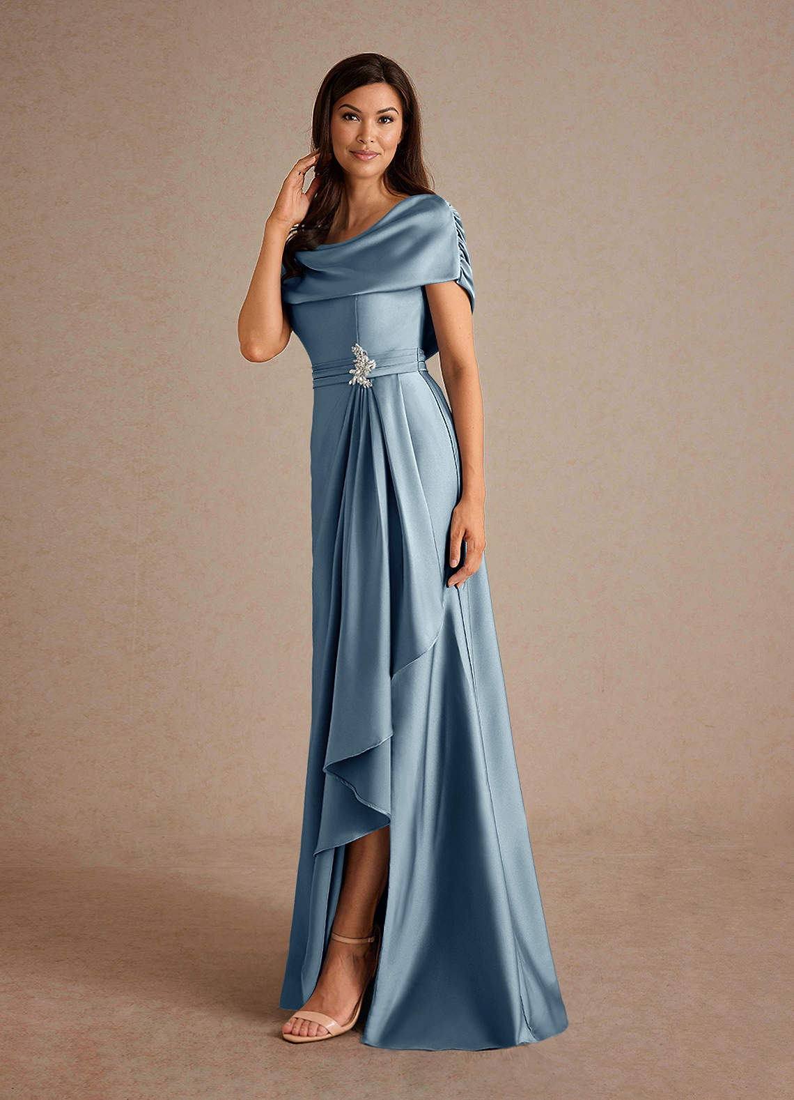 Azazie Branford Mother of the Bride Dresses Dusty Blue A-Line Pleated Stretch Satin Dress image1