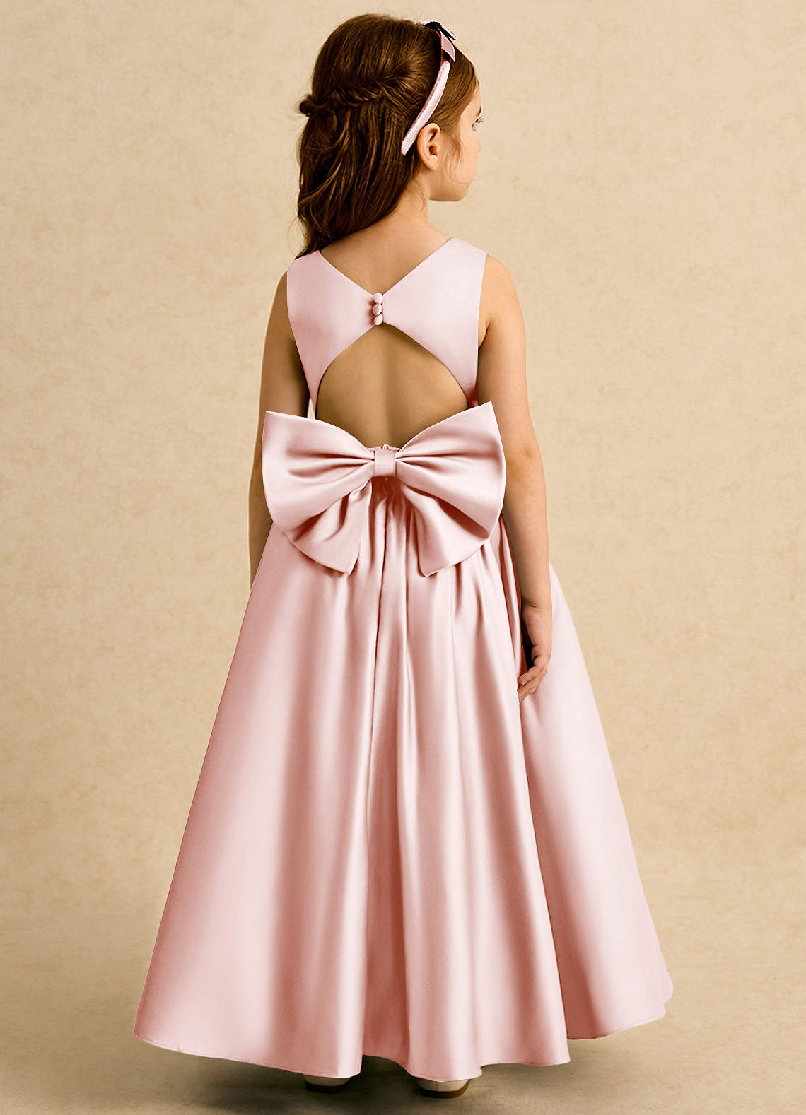 Azazie Nellia Flower Girl Dresses Blushing Pink A-Line Bow Matte Satin Dress image5