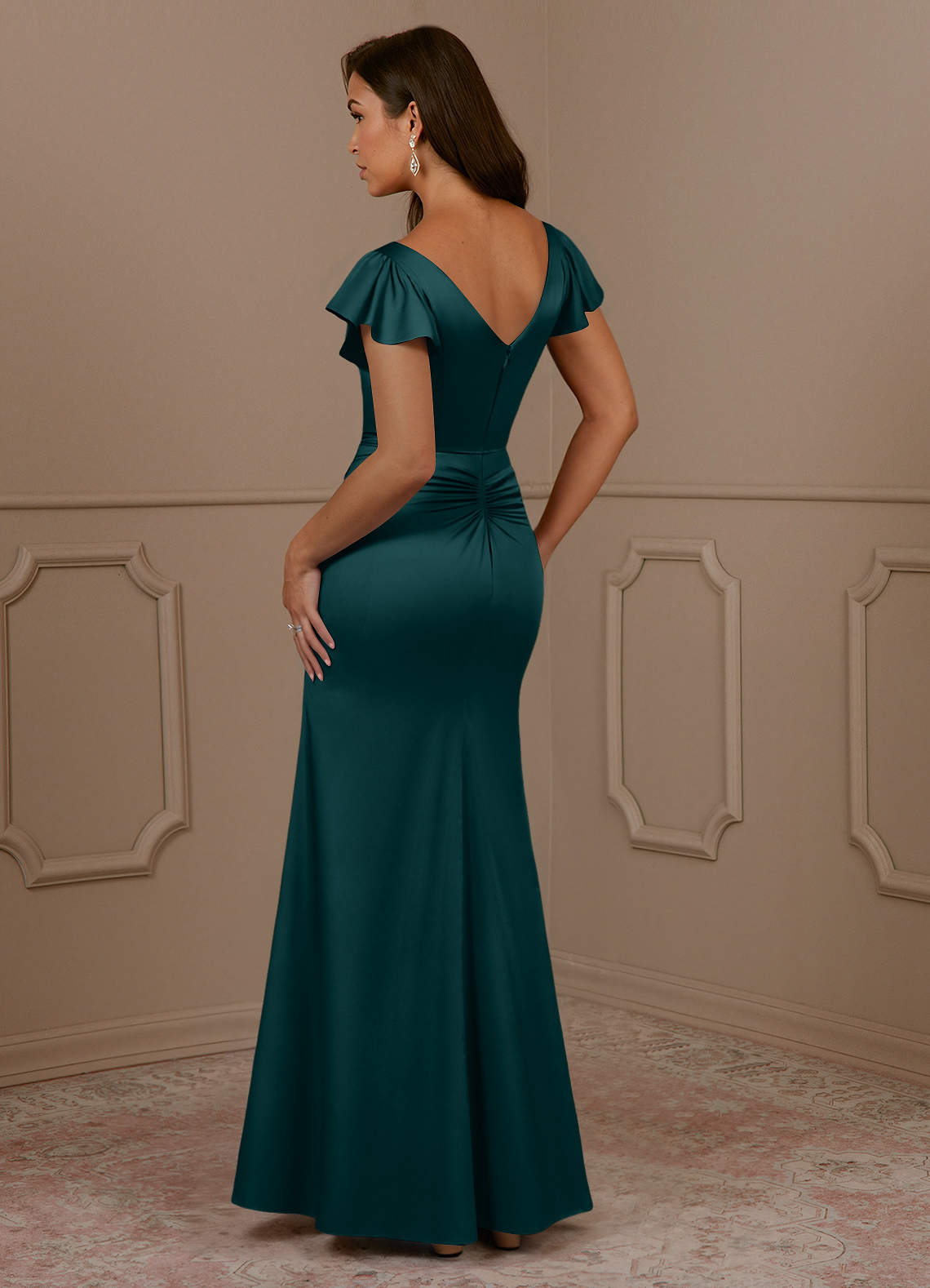 Azazie Roya Mother of the Bride Dresses Pine Mermaid V-Neck Pleated Stretch Satin Dress image2
