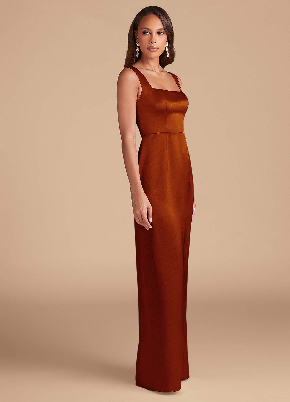 Azazie Flori Jurken voor thuis passen Jurk van Metaalachtig Satijn met Kolom Zijsplit Kastanjebruin image4