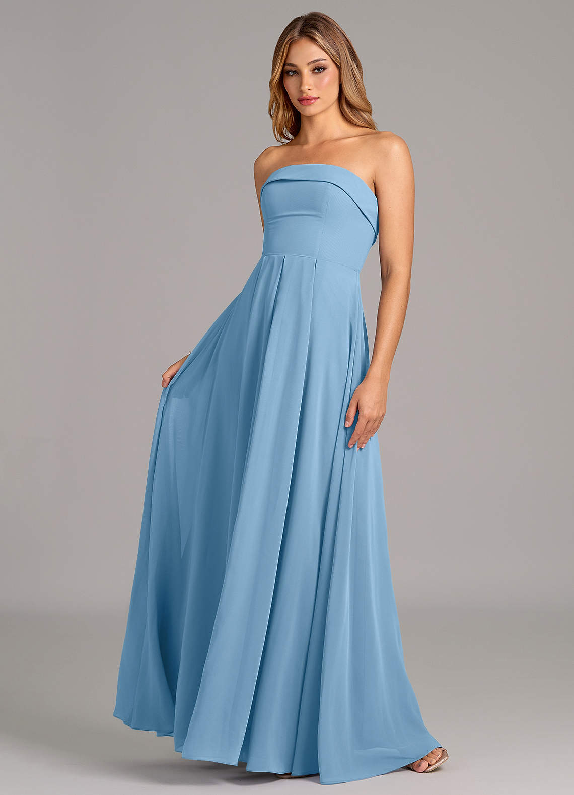 Azazie Lucienne Steel Blue Chiffon Bridesmaid Dresses | Azazie