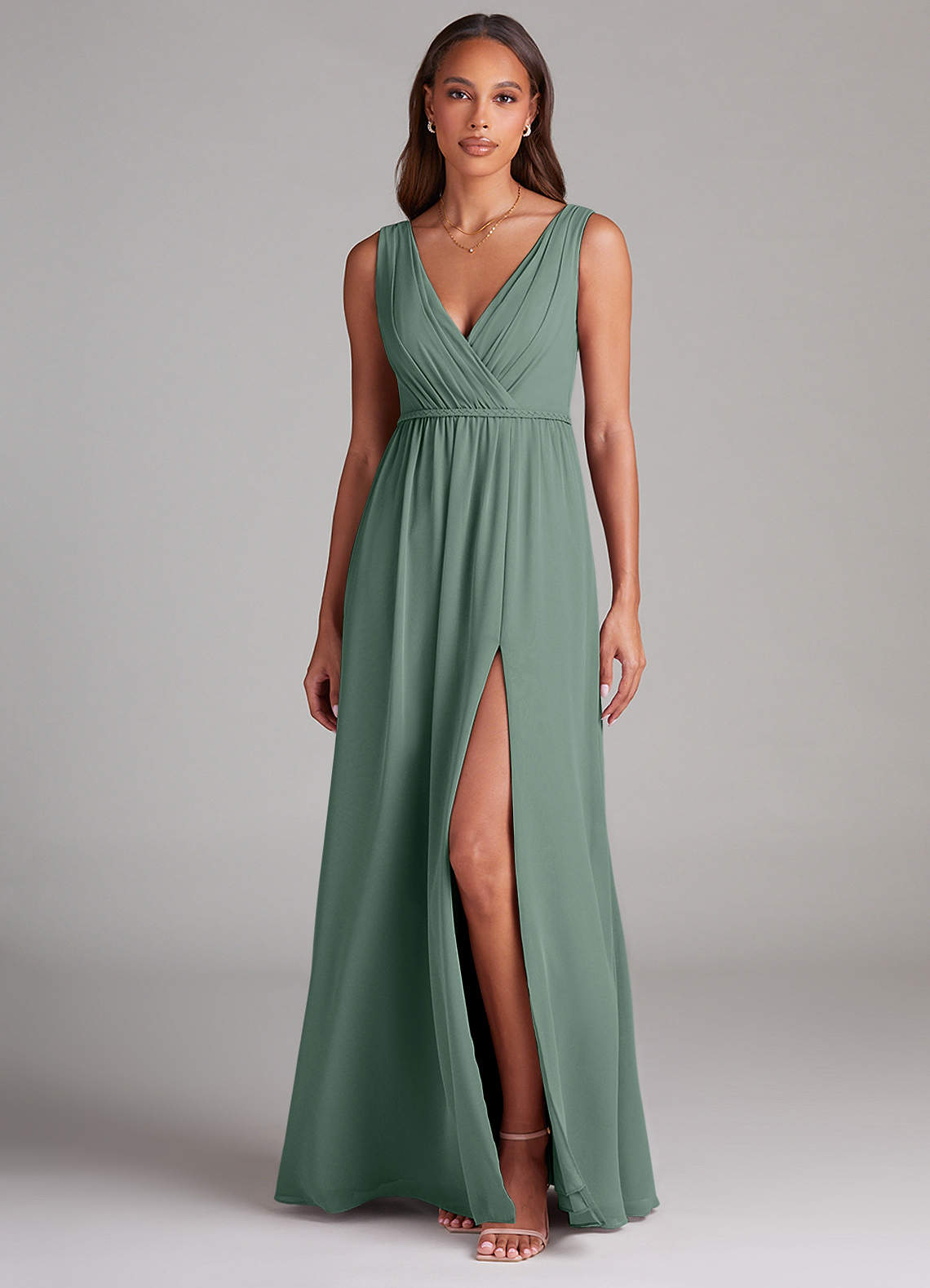 Azazie Tanicia Bridesmaid Dresses Eucalyptus A-Line Pleated Chiffon Dress image1