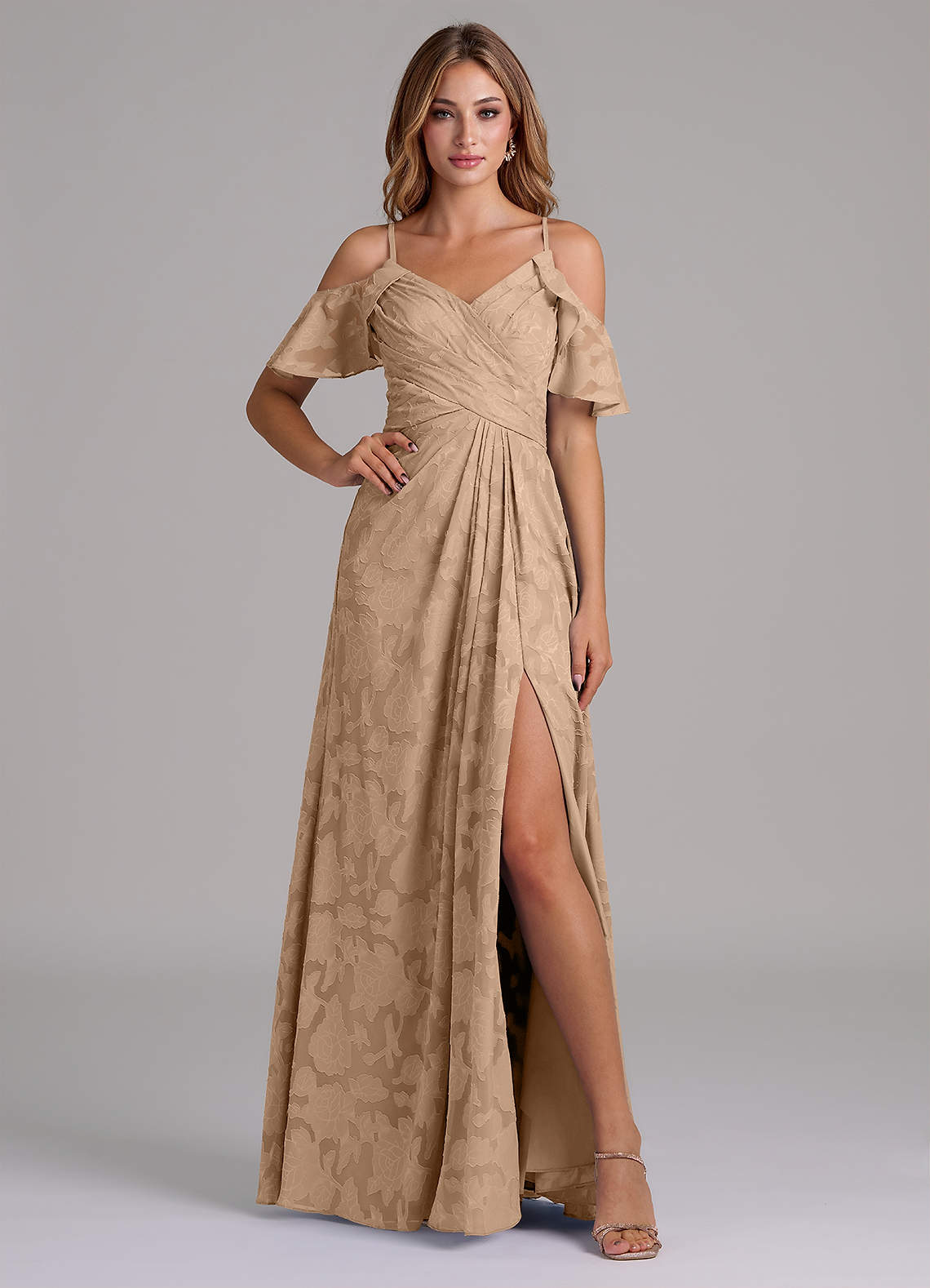 Azazie Dakota Bridesmaid Dresses Champagne A-Line Off the Shoulder Floral Burnout Dress image1