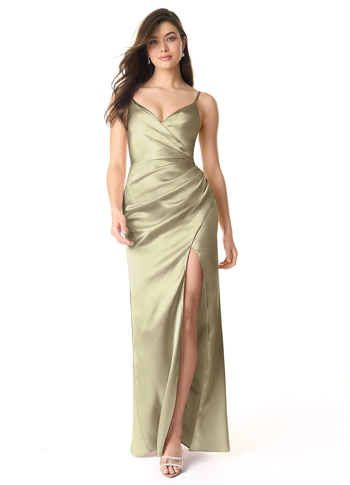Azazie Sukia Bridesmaid Dresses Moss Green Mermaid Pleated Metallic Satin Dress image1