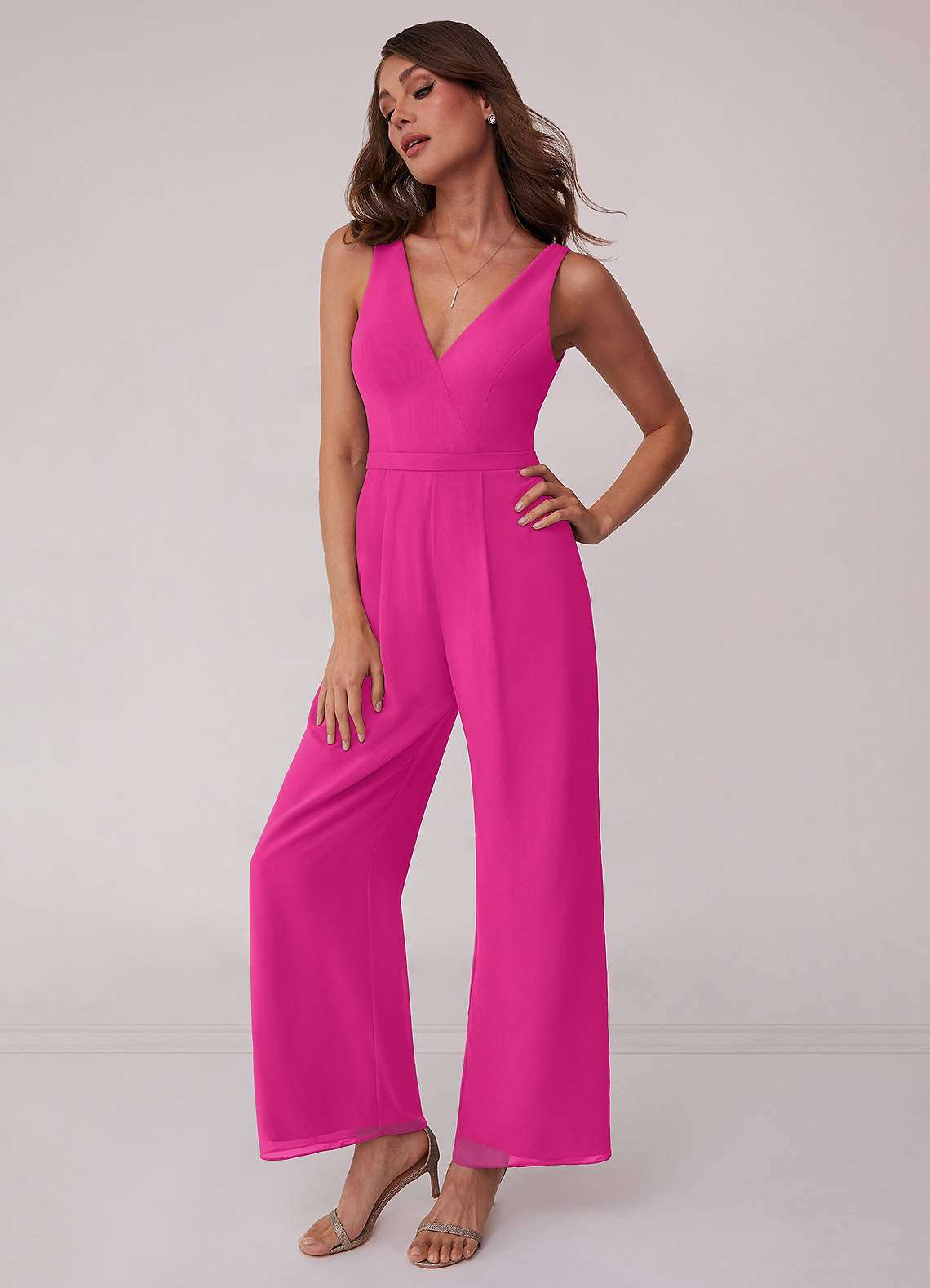 Fuchsia Shirred V-neck Chiffon Jumpsuit Bridesmaid Dresses | Azazie