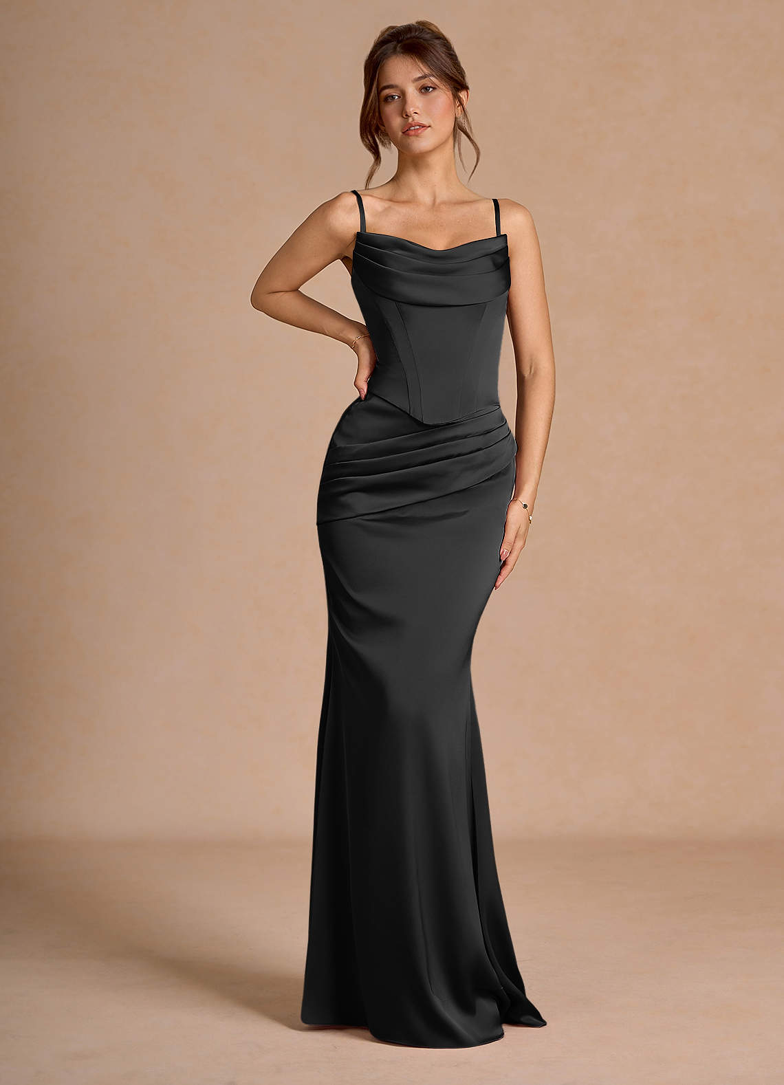 black satin two piece dress Simple Black Satin Two Pieces Long Prom Dress Homecoming Dress