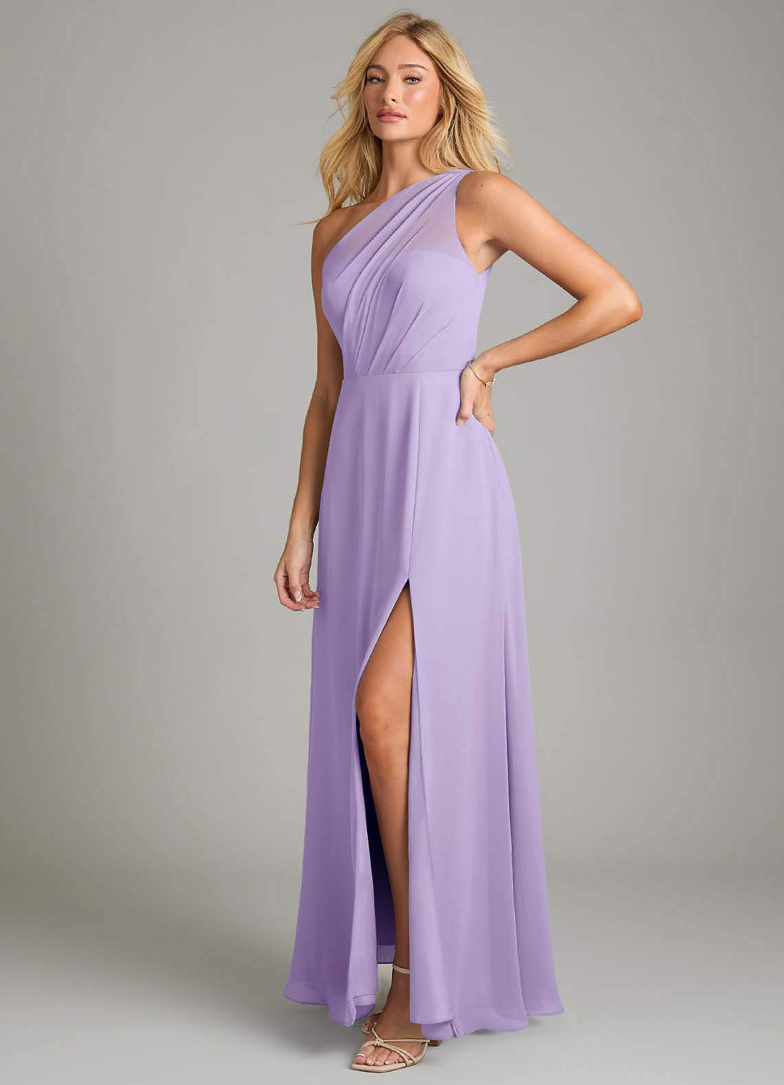 Azazie Phaedra Bridesmaid Dresses Lilac A-Line One Shoulder Chiffon Dress image4