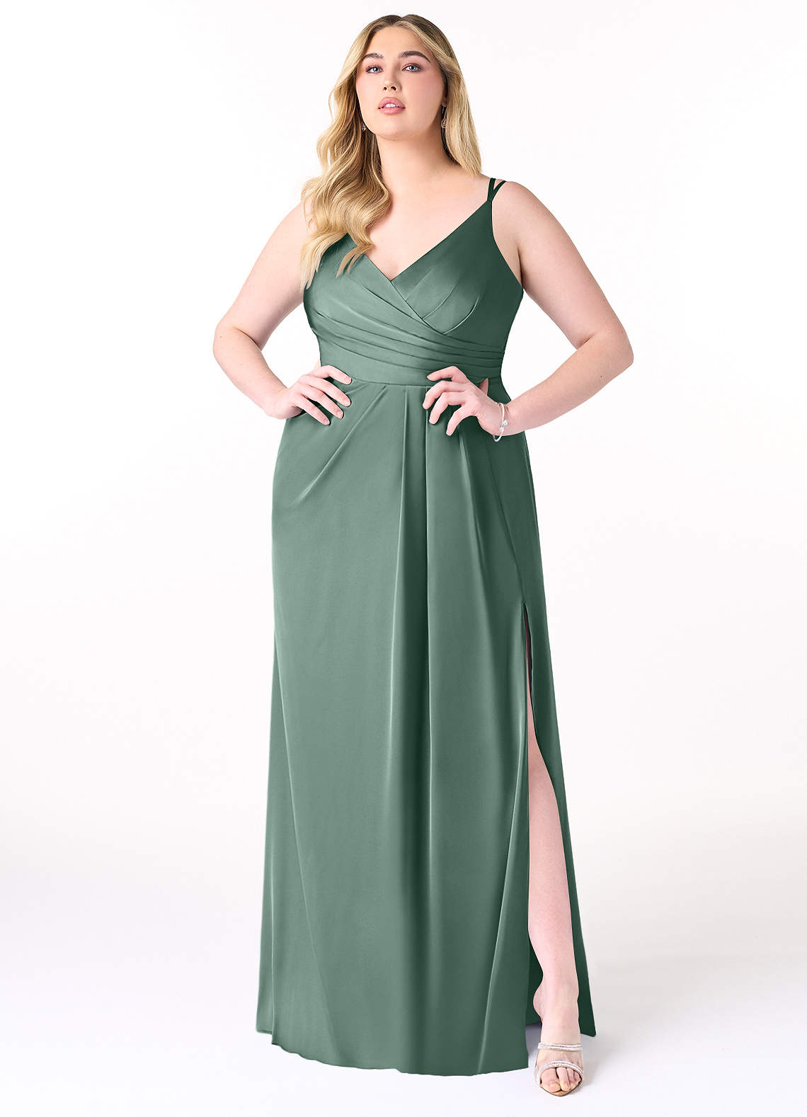 Azazie Aqua Bridesmaid Dresses Eucalyptus A-Line V-Neck Pleated Stretch Satin Dress image1