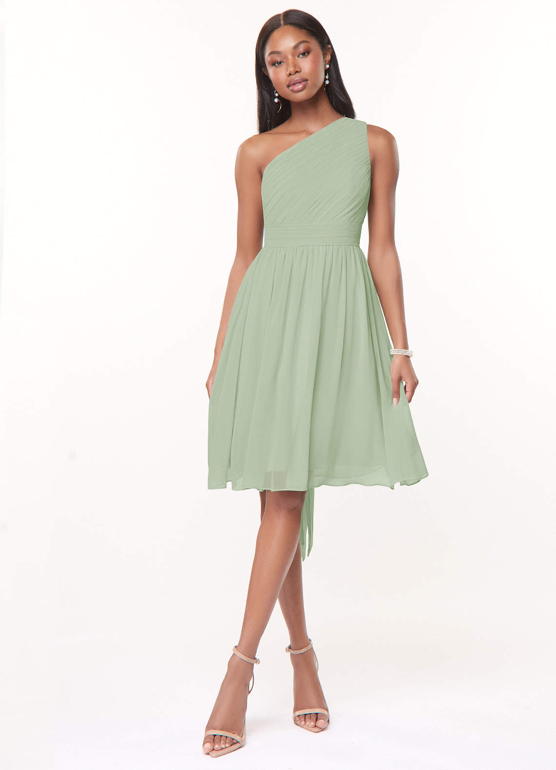 Azazie Katrina Bridesmaid Dresses Dusty Sage A-Line One Shoulder Chiffon Dress image1