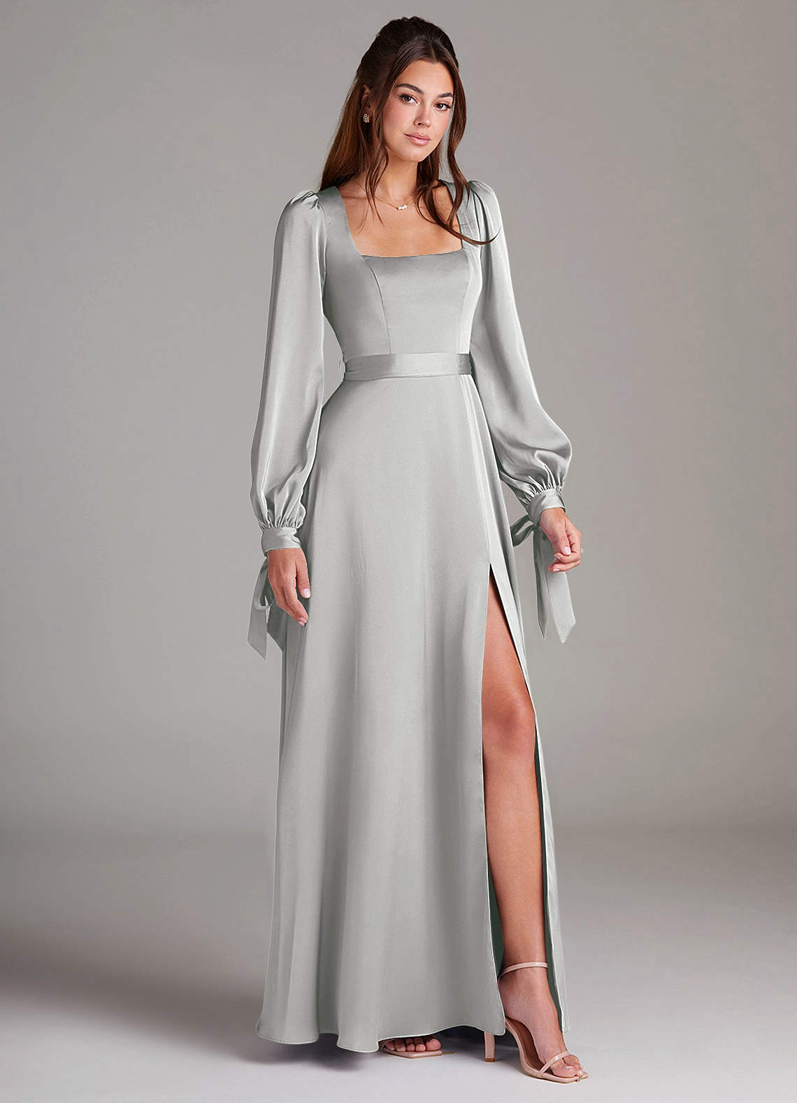 knee length dresses for ladies V-Neck Long Sleeves Light Grey Prom Dress with Appliques PG435 US10 / Custom Color main image 1
