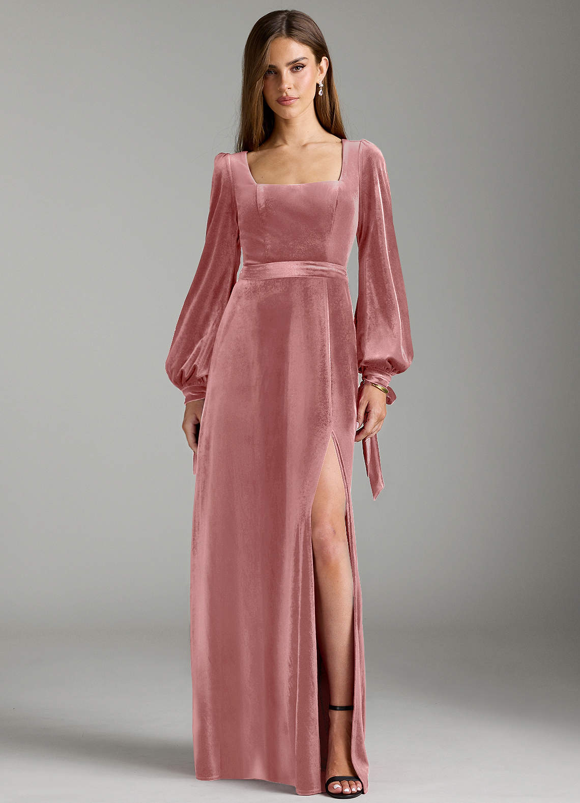 Azazie Leonia Bridesmaid Dresses Dusty Rose A-Line Long Sleeve Velvet Dress image1