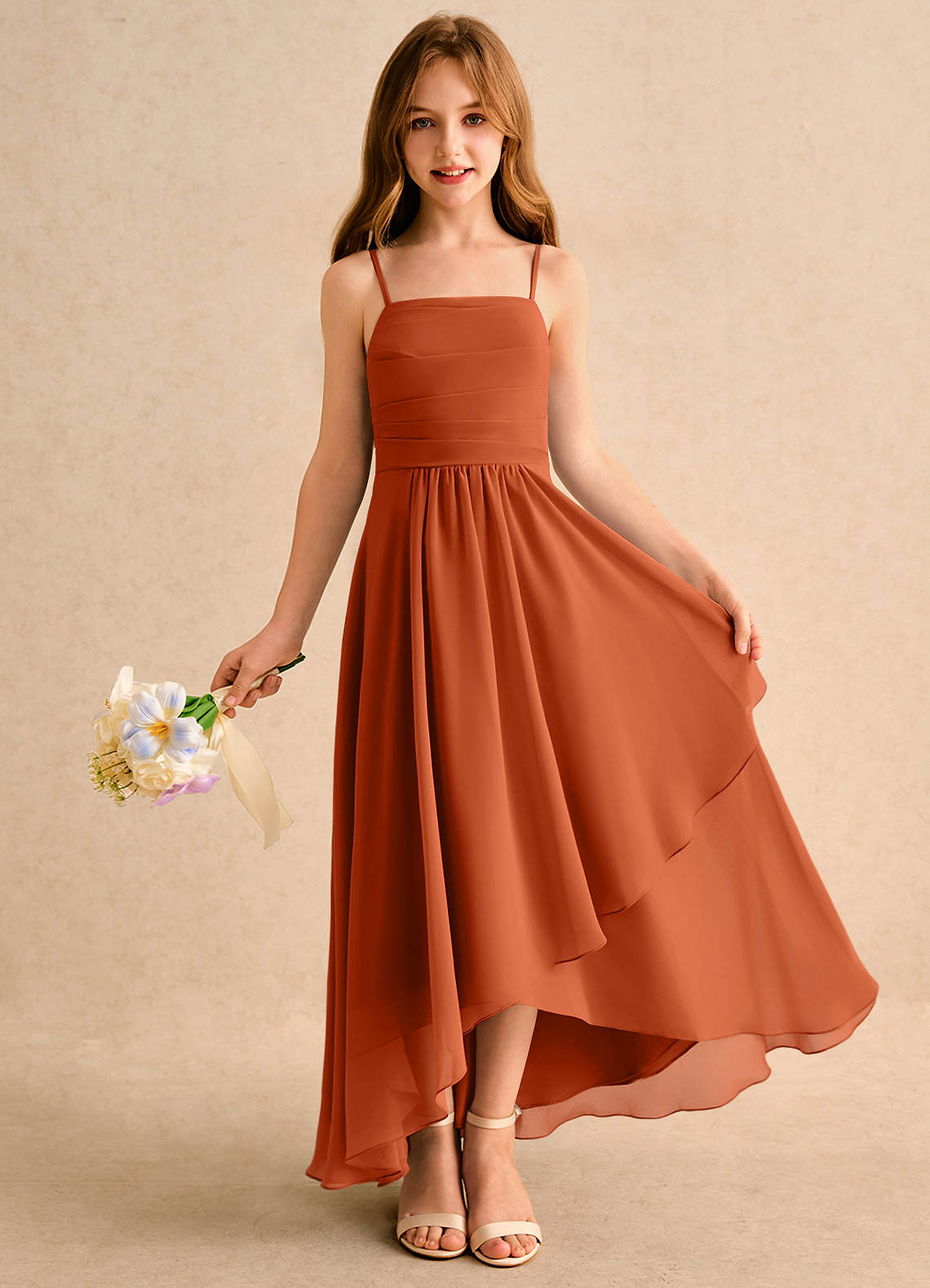 Azazie Twilight Dance Girls Formal Burnt Orange A-Line Pleated Chiffon Dress  | Azazie