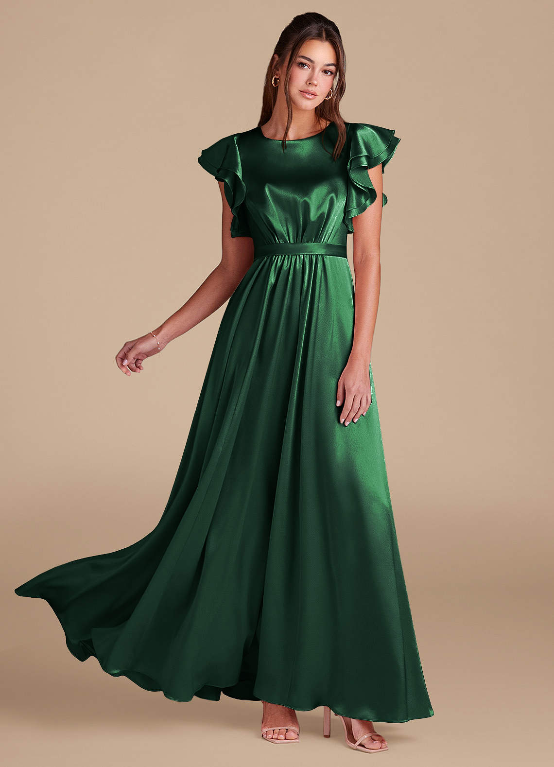 Azazie Daphne Bescheidene Brautjungfernkleider A-Linie Gestreift Metallic Satin Bodenlänge Kleid image1