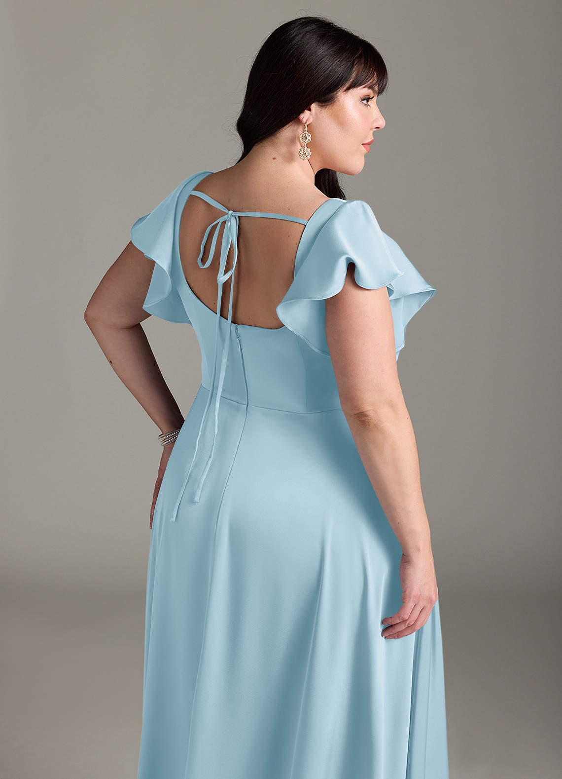Azazie Bondi Vestidos de madrinha de casamento Vestido Céu Azul de Cetim elástico de Linha A com Arco image11