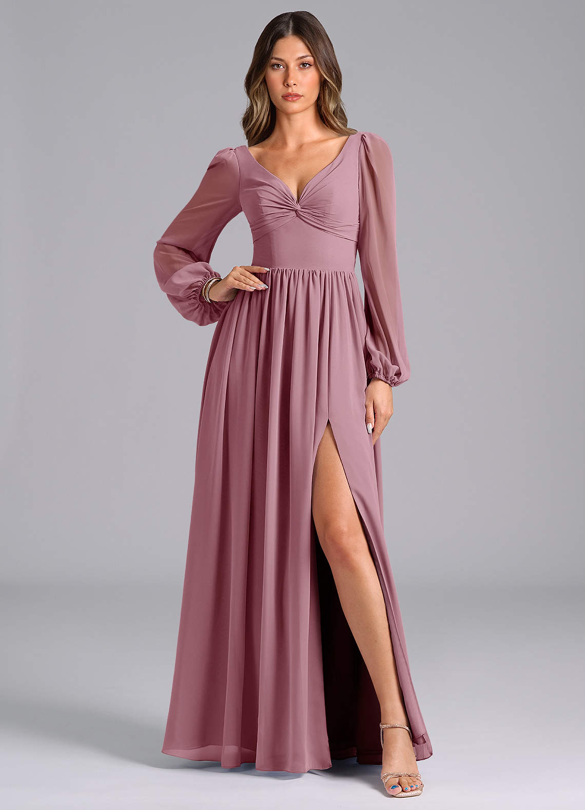 Azazie Zeya Bridesmaid Dresses Vintage Mauve A-Line Long Sleeve Chiffon Dress image1