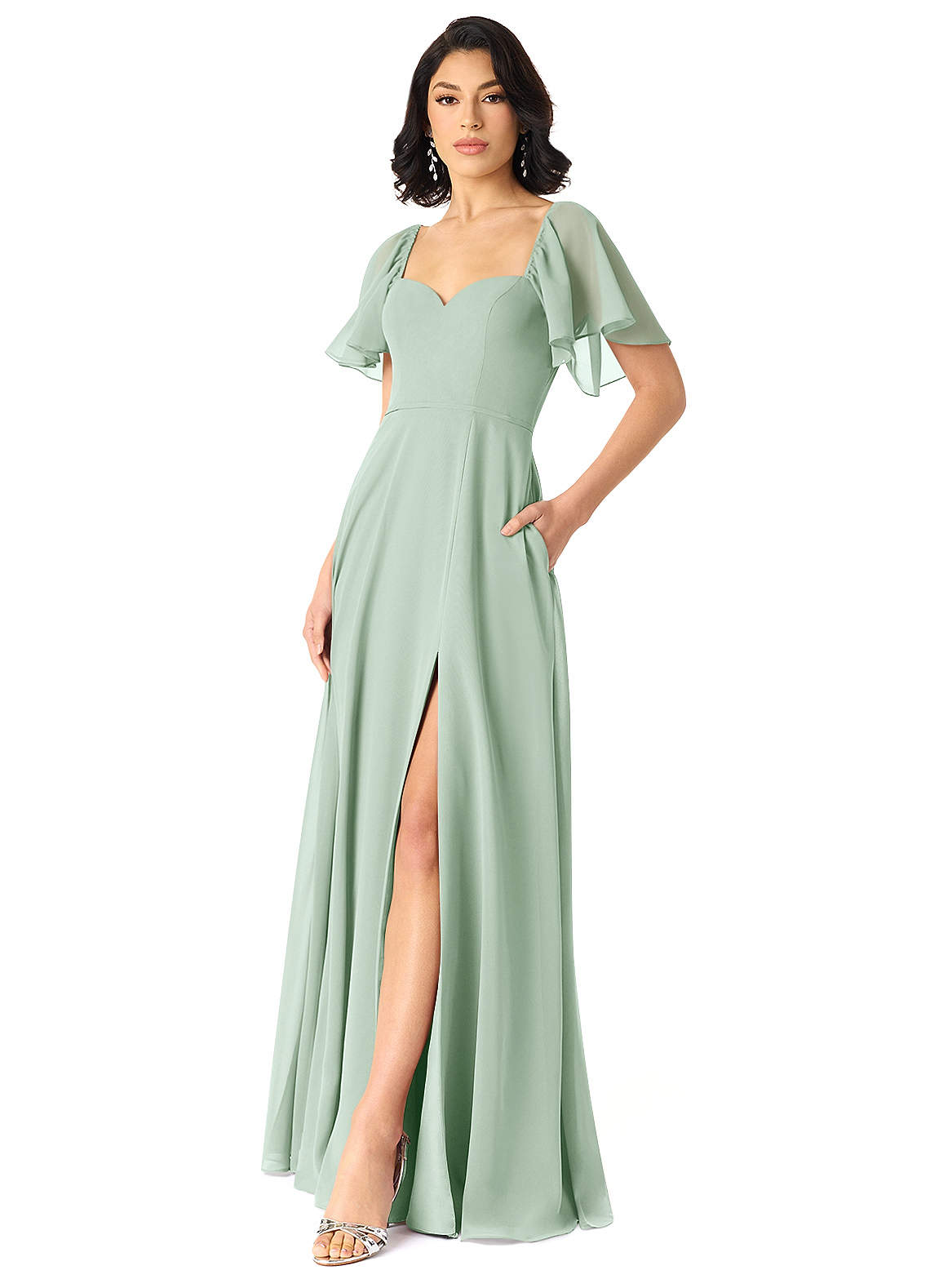 sachin and babi light blue dress A-line Chiffon Wedding Dress V Neck Court Train with Lace Split S3039W -  Wedding Dresses
